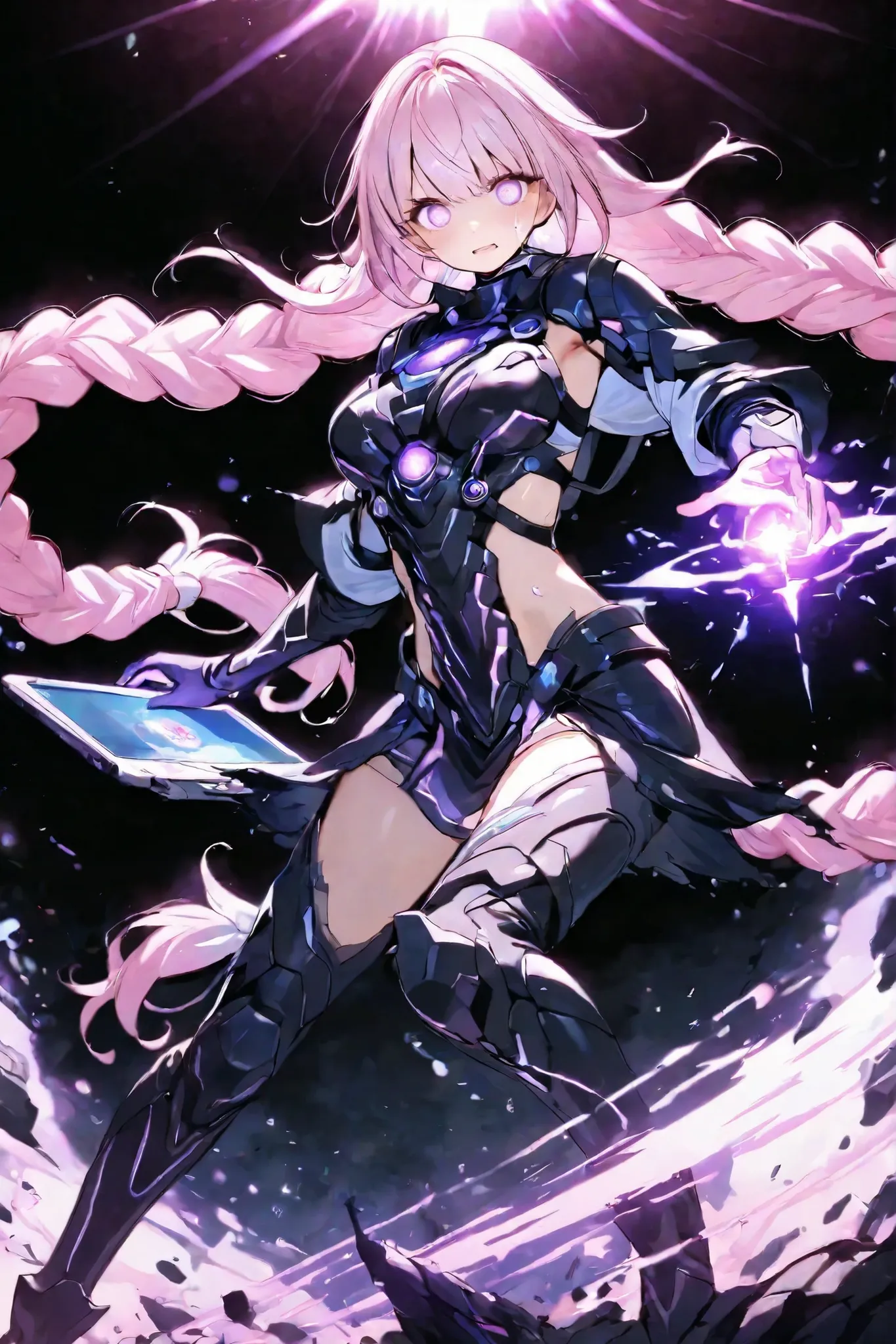 high quality universe Hidden Princess white and pink hair White and black armor suit holding a laptop in hand Activation pose Magic Activation a barrage of light like a shooting game Invaders Destroyed full body Storytelling Sense of Activation Eyes Shin...