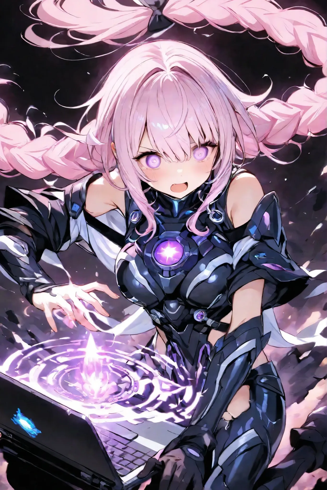 high quality universe Hidden Princess white and pink hair White and black armor suit holding a laptop in hand Activation pose Magic Activation a barrage of light like a shooting game Invaders Destroyed full body Storytelling Sense of Activation Eyes Shin...