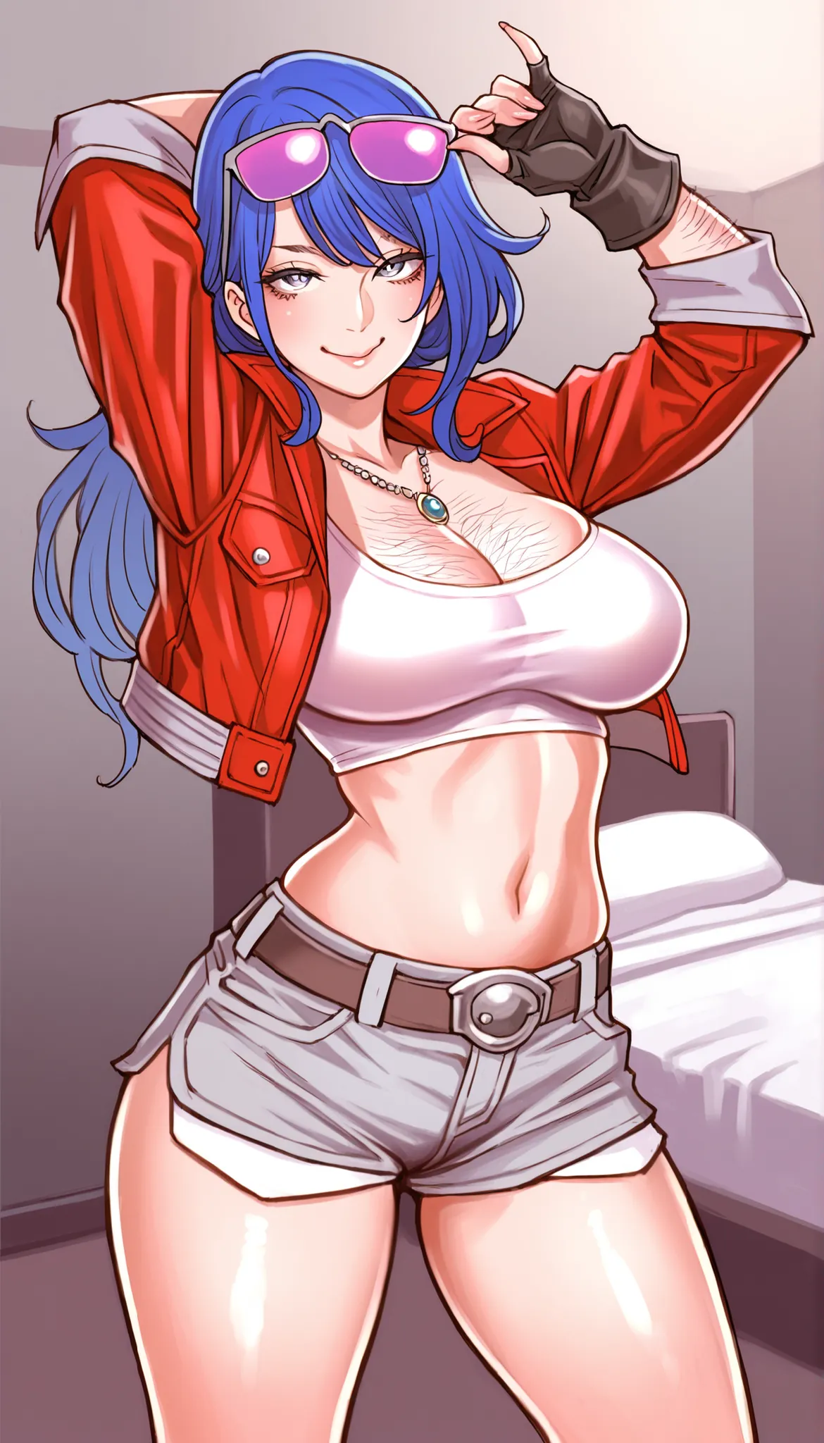 masterpiece,Highest Quality,great quality,very sophisticated,absaudress,Newest 1girl , solo, Wife Timer Prime, blue hair, double bang, eyewear on head, necklace, big breasts, white crop top,Down , red cropped jacket, fingerless gloves, Grey Low Leg Shorts,...