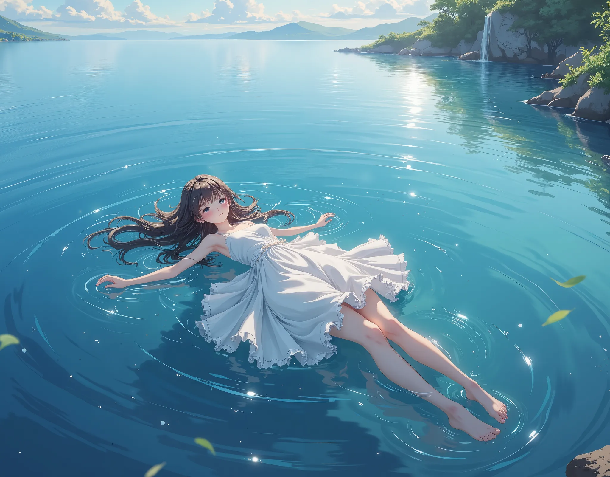 ((long shot, distant view, wide shot)), anime style, 1girl, solo, (short stature:1.5), long hair, cute face, spread-eagled, beautiful water, highly detailed, ocean, beautiful light, island, ((bathing in ocean, afloat, partially submerged, lying on back)), ...