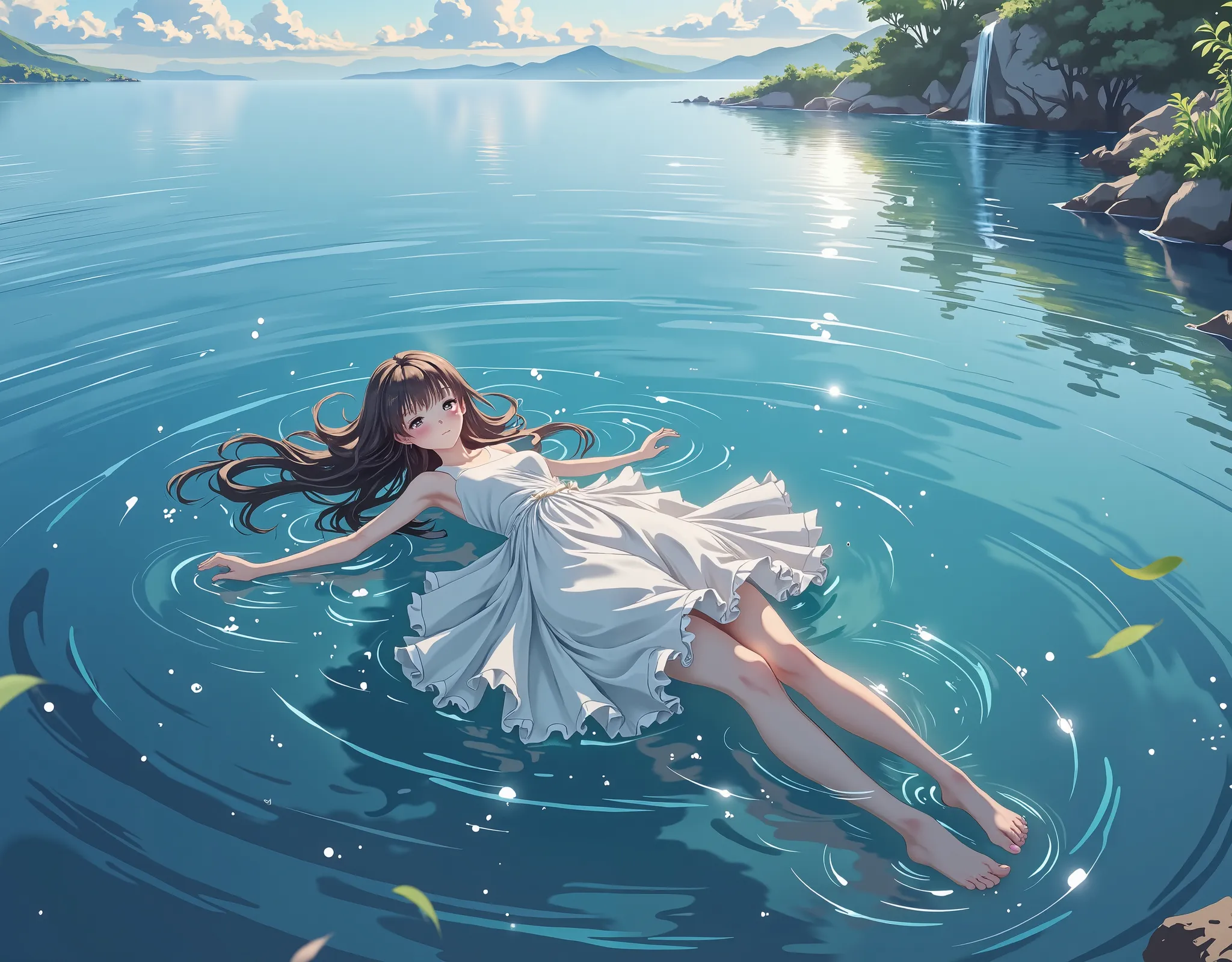 ((long shot, distant view, wide shot)), anime style, 1girl, solo, (short stature:1.5), long hair, cute face, spread-eagled, beautiful water, highly detailed, ocean, beautiful light, island, ((bathing in ocean, afloat, partially submerged, lying on back)), ...