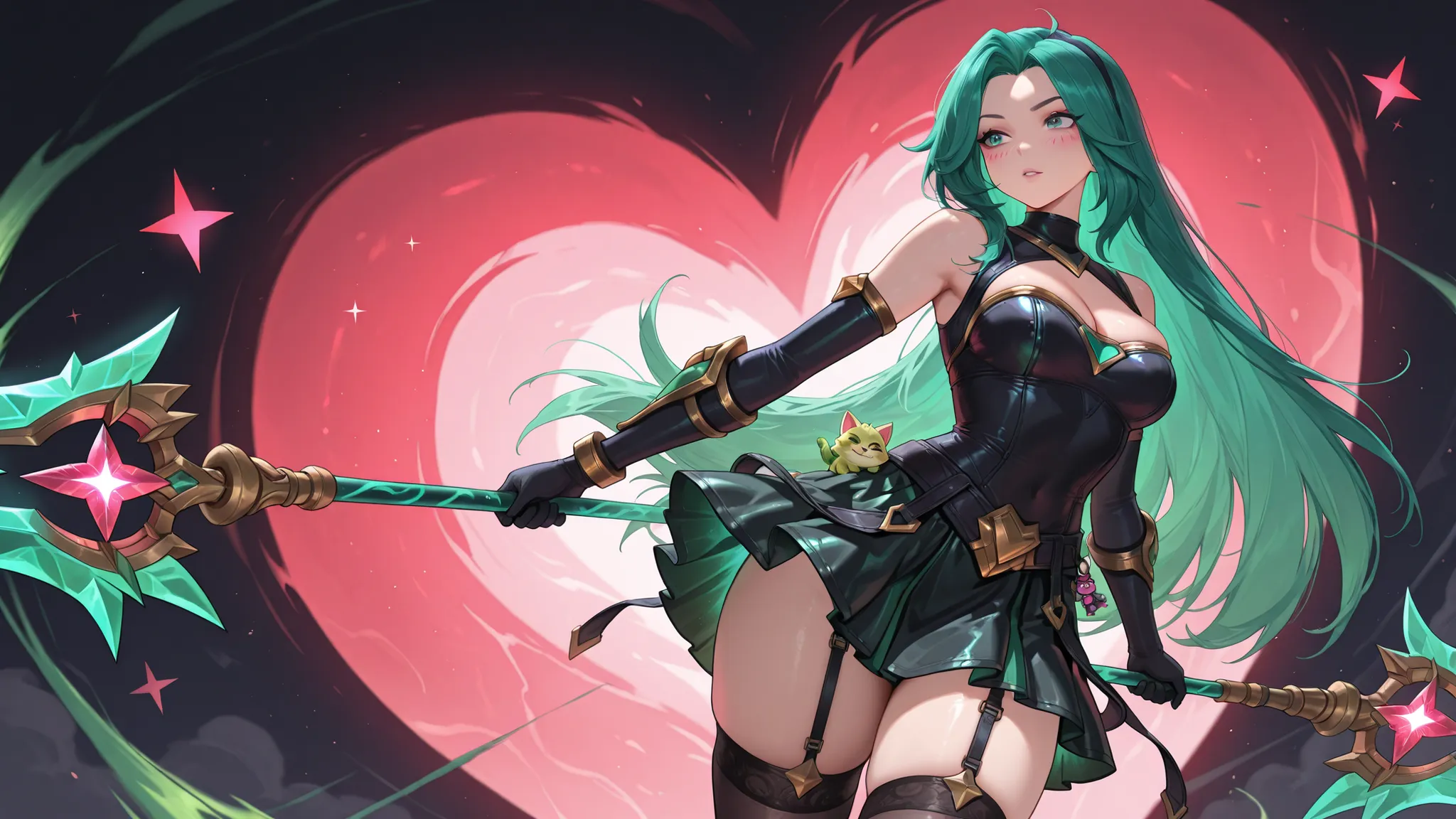 female cute horny expression magical anime girl character from star guardians (league of legends), green untied long straight hair, black thigh highs with garter belts, black/green ragged skirt to her thighs, black top with some cleavage, perfect body, bea...