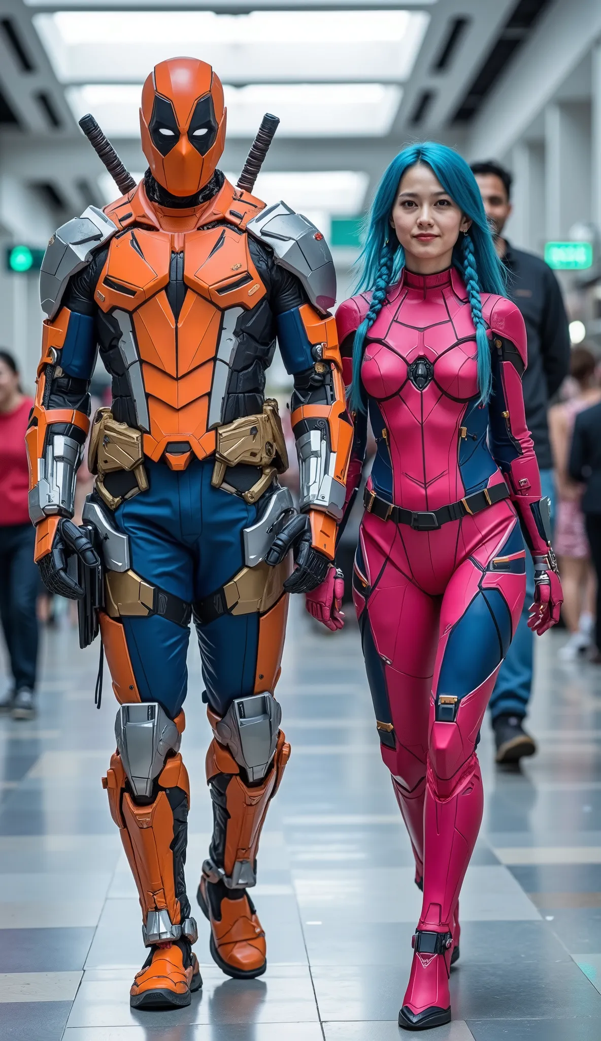 character: 1 man with mask full head Wearing futuristic orange Deadpool body suit with blue silver armor futuristic white accents, and ung woman blue hair with two braids Wearing futuristic pink Spiderman body suit with gold silver armor futuristic white...