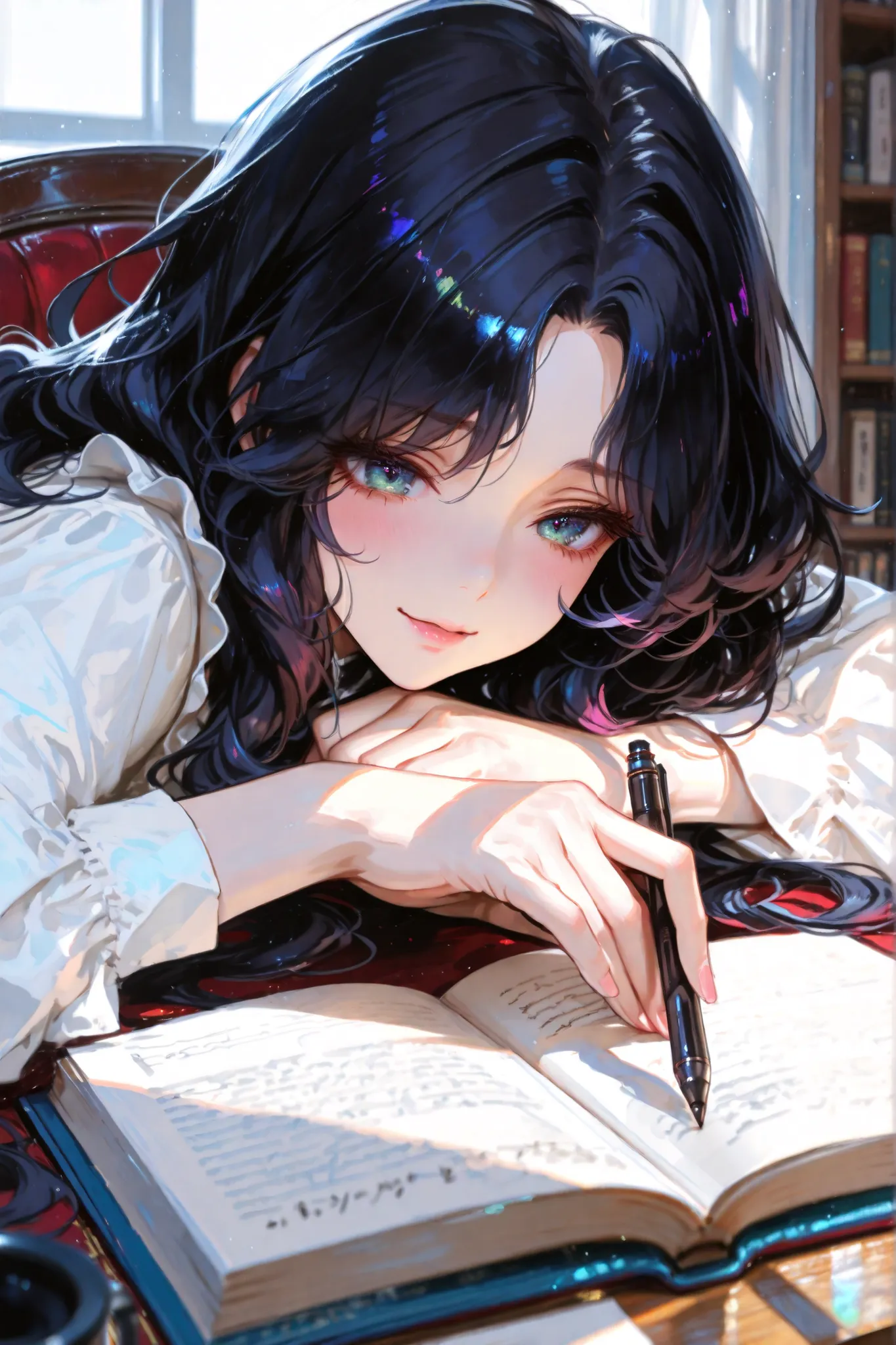1 beautiful female. The female is a 30-years-old full black hair styled in ((long hair and wavy hair)) and (((curtained bangs))). Her eyes are beautiful a mix of cyan blue gradation, she is a writer, she writes a Poetry, take a pen and book, face is highly...