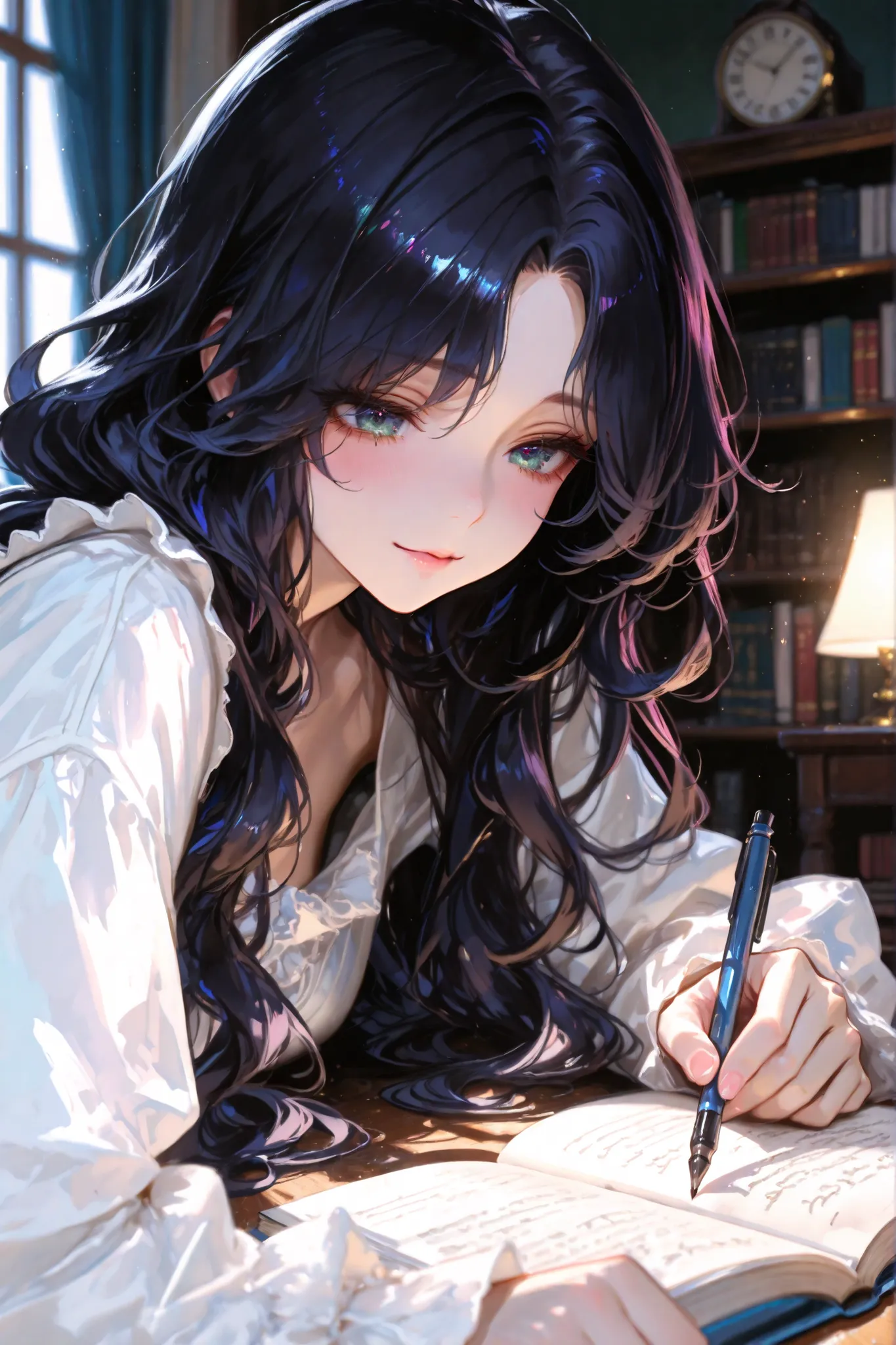 1 beautiful female. The female is a 30-years-old full black hair styled in ((long hair and wavy hair)) and (((curtained bangs))). Her eyes are beautiful a mix of cyan blue gradation, she is a writer, she writes a Poetry, take a pen and book, face is highly...