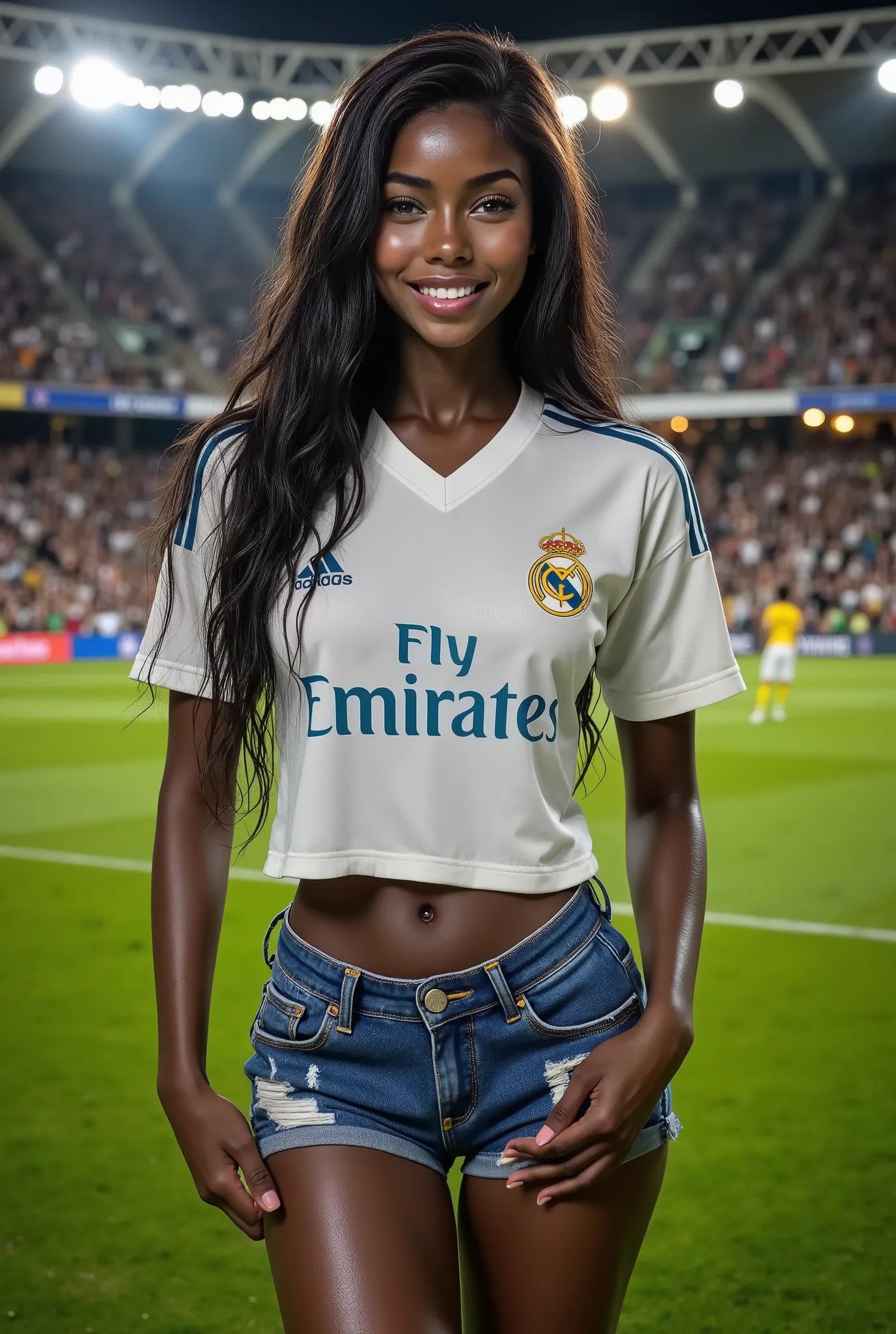 happy arafed girl with olive skin, 163 centimeters tall, 19 years old, perfect body, perfect cute smile, wearing a Real Madrid team jersey and denim short shorts, posing on field of the Santiago Bernabéu Stadium, Champions League match, night, packed stadi...