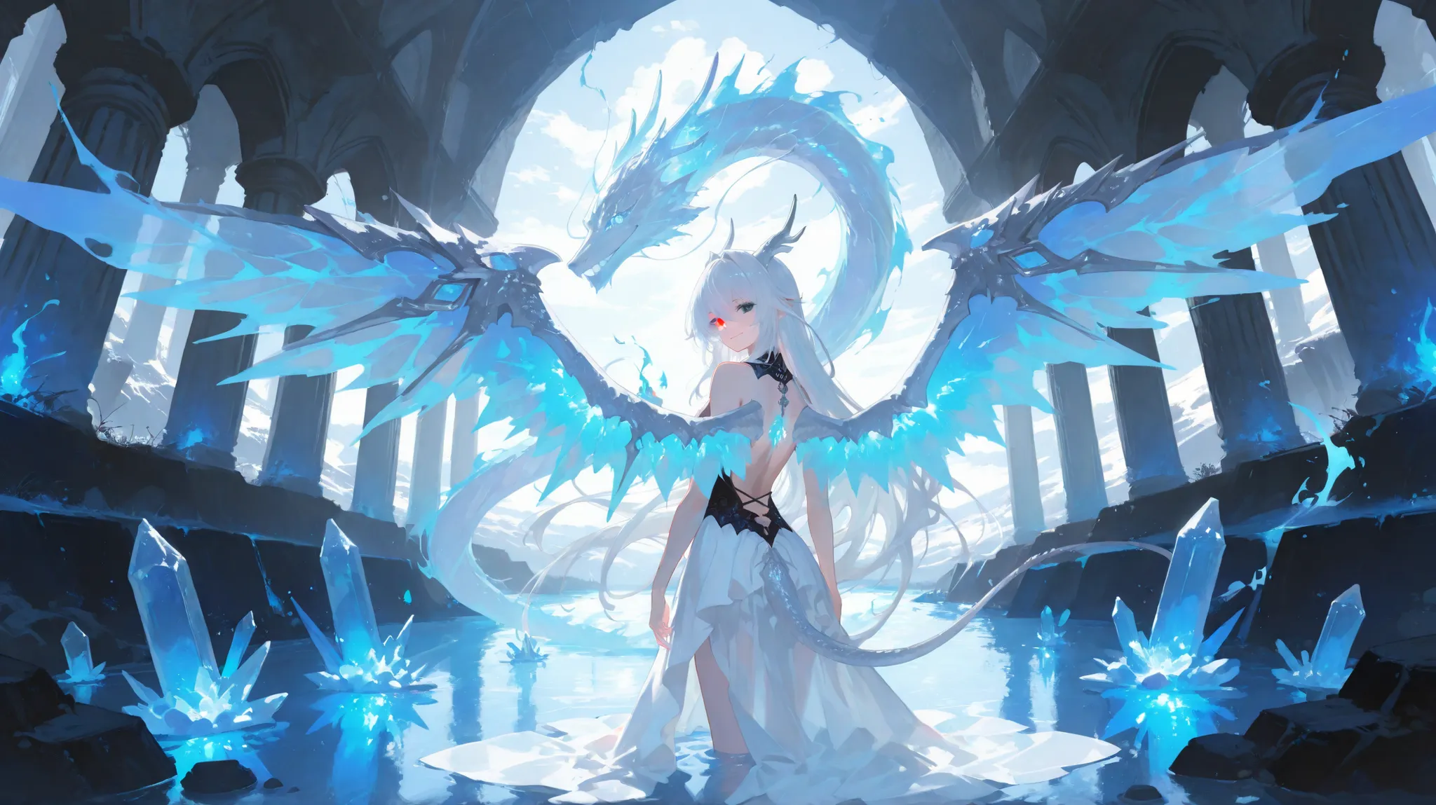 (Unbelievable high resolution , masterpiece , highest quality , ultra-detailed, , Clear image , 8K , CG , high quality anime picture , Photographic perspective ) , a confident anime girl, very young girl , height 143cm, long white hair, heterochromia, red ...