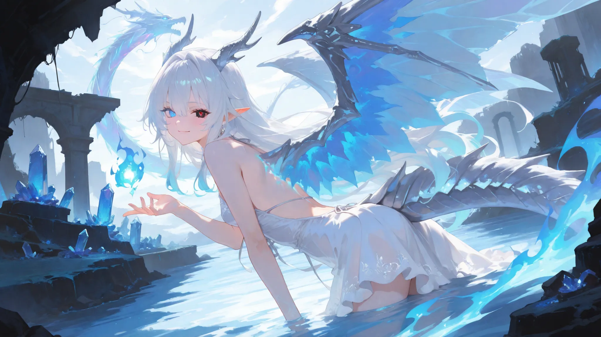 (Unbelievable high resolution , masterpiece , highest quality , ultra-detailed, , Clear image , 8K , CG , high quality anime picture , Photographic perspective ) , a confident anime girl, very young girl , height 143cm, long white hair, heterochromia, red ...