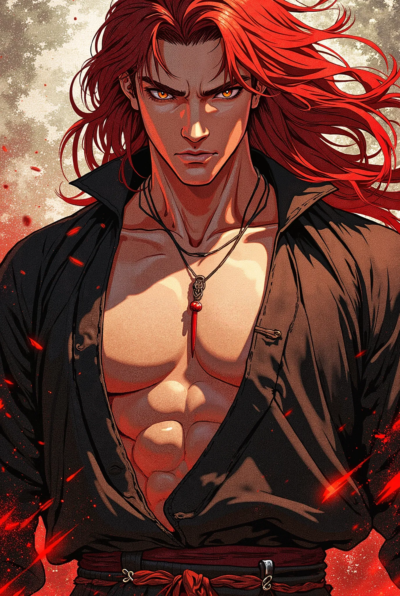 Create a handsome, courageous man without blush on his cheeks, who looks natural, young, vicious, with amber eyes, long crimson hair to his waist, strong build, in hanfu unbuttoned at the chest,