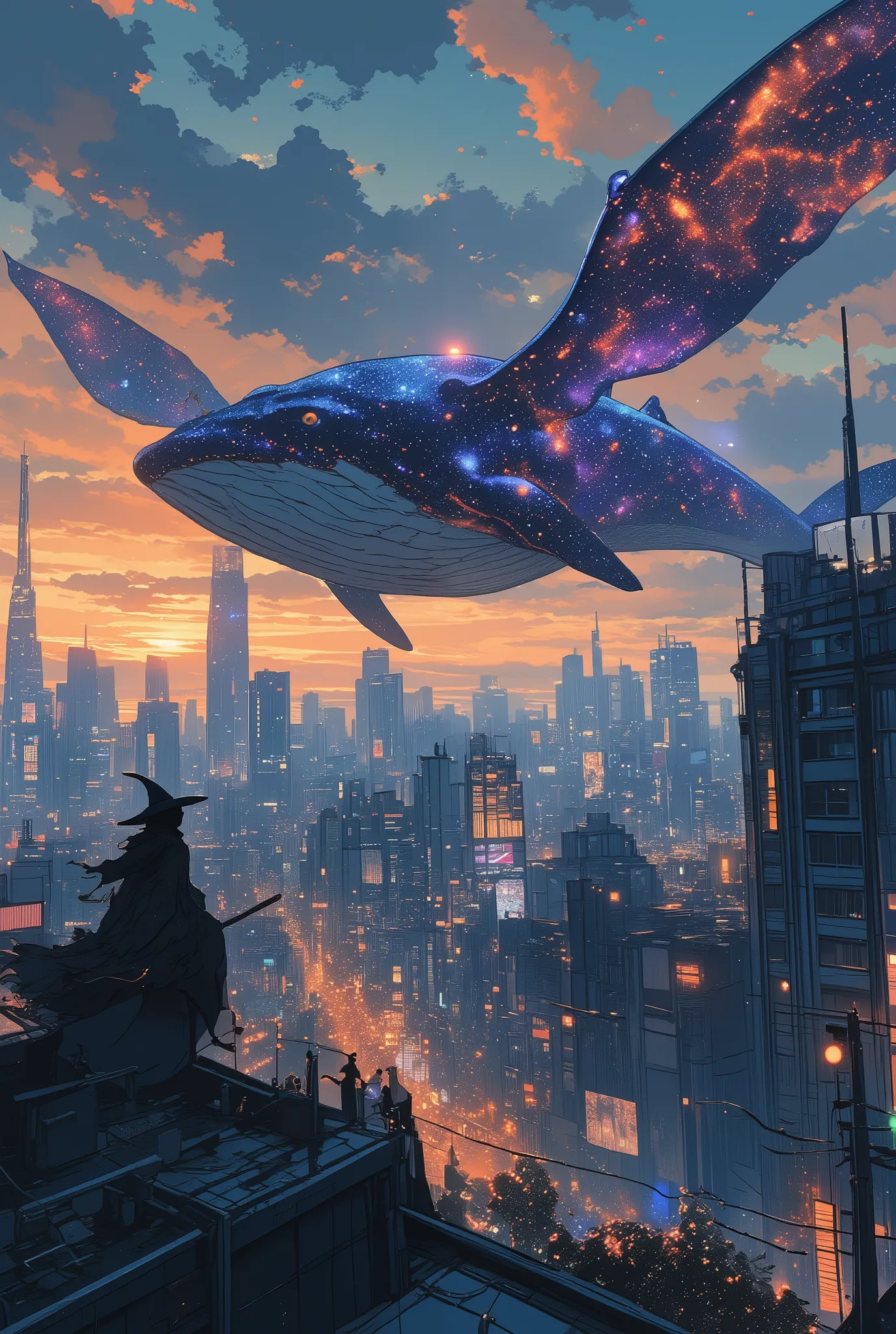 a photorealistic cinematic scene of a massive winged whale with a starry, night-sky-patterned body flying above a modern city skyline at dusk,
the whale's skin reflects constellations and nebulae, glowing faintly with cosmic light as its enormous feather...