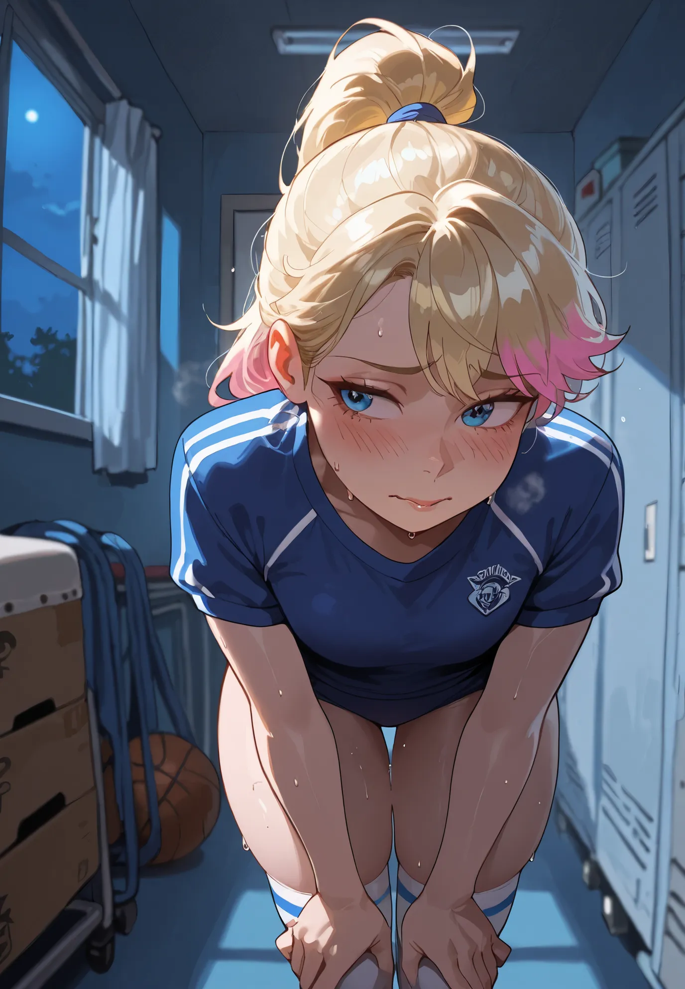 1girl, solo, Riley Andersen, Inside Out, shy, blush, sweaty, blonde ponytail hair with pink highlights, school gym outfit, white thigh highs, storage room, bent over, night time, beautiful lighting and shadows,masterpiece,top quality,warm color,high resolu...