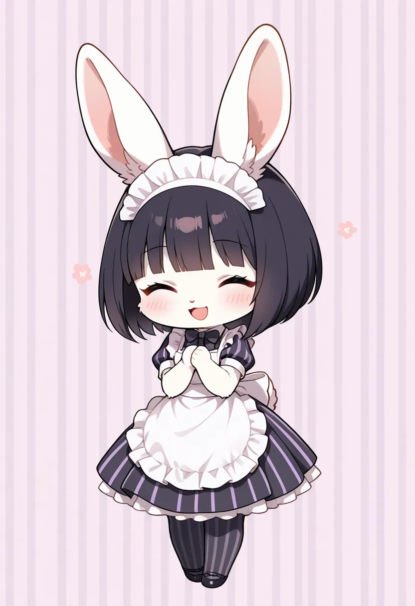 1girl, (furry, kemono:1.4), rabbit girl, animal nose, rabbit ears, animal ear fluff, vertical_stripes, striped, closed_eyes, solo, black_hair, purple_background, smile, pantyhose, open_mouth, short_hair, ^_^, black_legwear, blush, :d, simple_background, maid_headdress, full_body, dress, maid, standing, bow, facing_viewer, vertical-striped_dress, short_sleeves, ribbon, striped_dress, apron, striped_background, puffy_sleeves, blunt_bangs, hands_together, pink_background, own_hands_together, vertical-striped_legwear, chibi, frills, bob_cut, bangs, masterpiece, best quality, very aesthetic, absurdres,