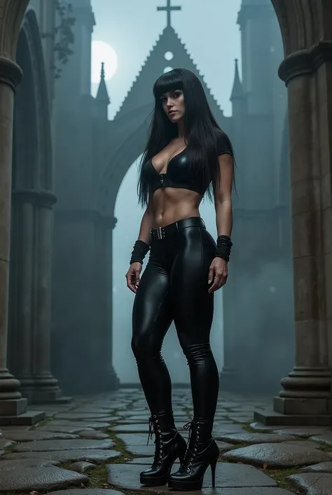 gothic rock woman Long black hair with bangs , thin waist , thick thighs , big breasts , six pack abs , toned legs , biceped , leather t-shirt , Black leather pants , high-heeled lace-up high heels black leather boots , Goth makeup , black eyeliner , woman...