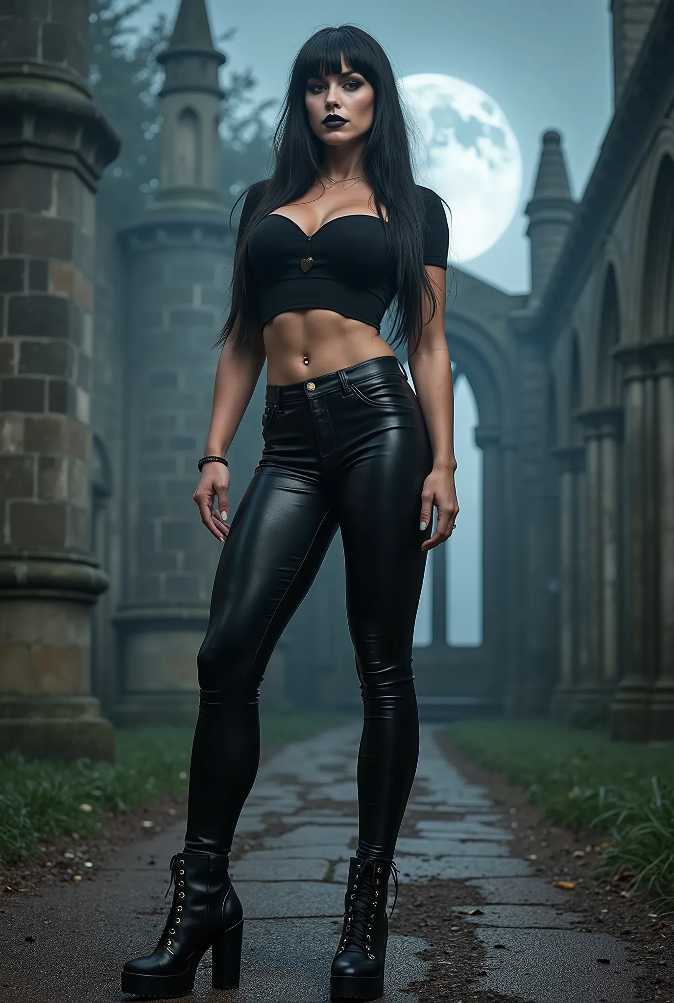 gothic rock woman Long black hair with bangs , thin waist , thick thighs , big breasts , six pack abs , toned legs , biceped , leather t-shirt , Black leather pants , high-heeled lace-up high heels black leather boots , Goth makeup , black eyeliner , woman...