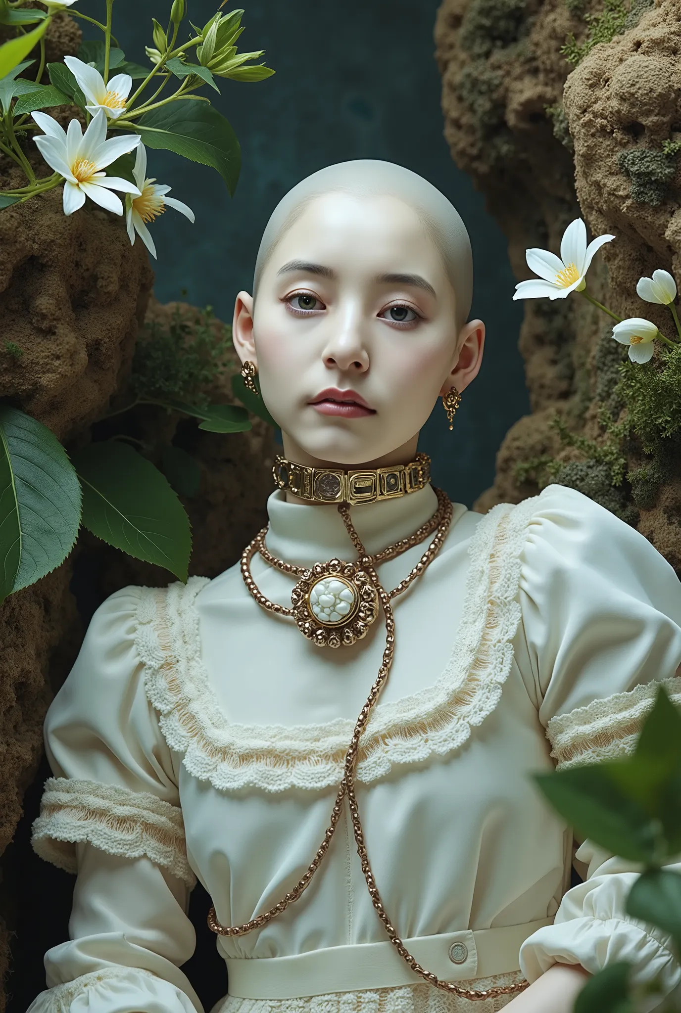 frontal face, head bald, The World of Art Nouveau, best quality, masterpiece, Ultra-high resolution, (realisticlying:1.4), absurdness, (Eye focus), (face focus, Clear facial features), Complex 3d rendering of beautiful and charming biomechanical female por...