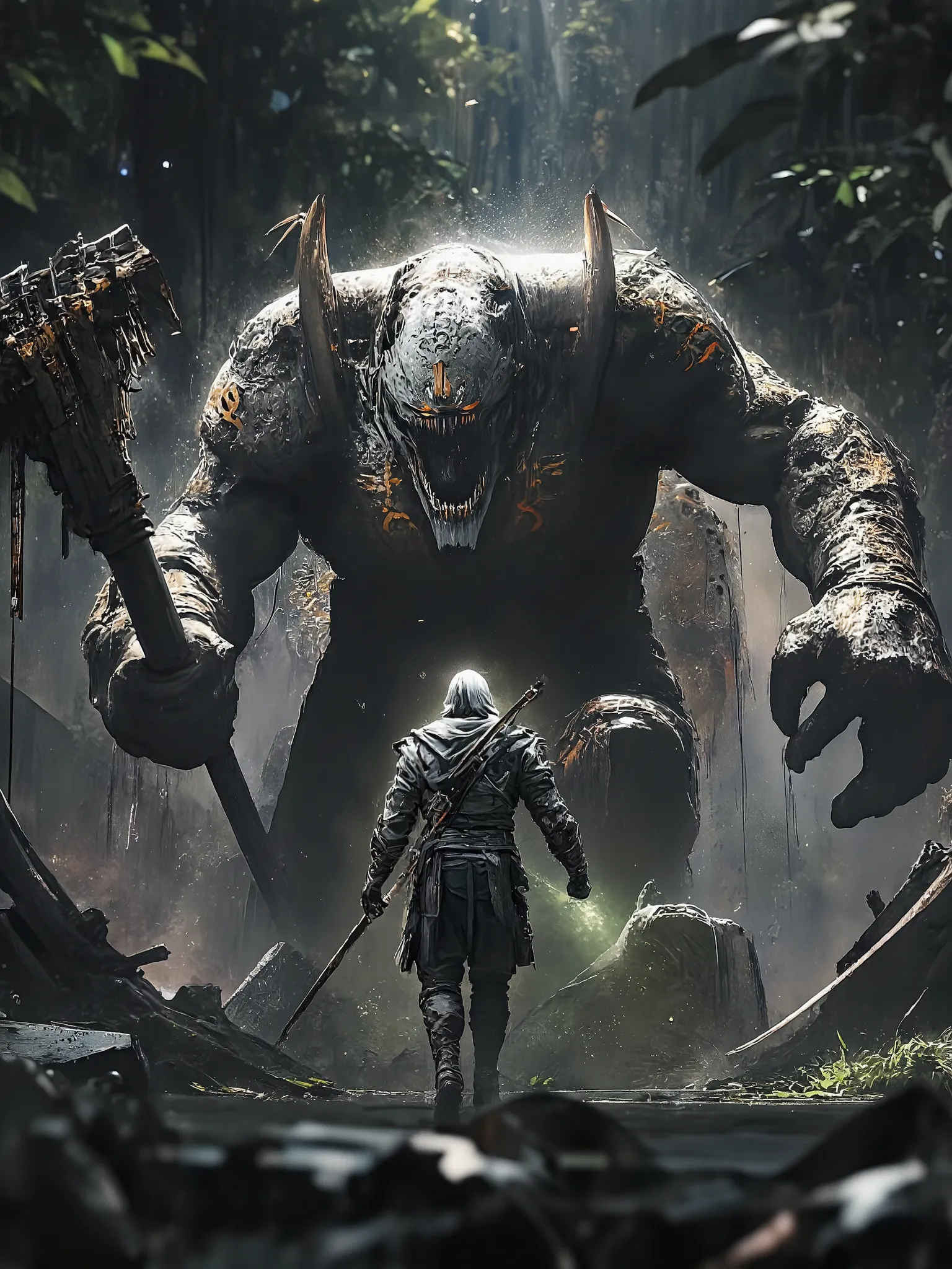 An angry soldier in armor, is heading toward a creepy gigange troll, with teeth popping out of his mouth like horns and one of them is broken, The troll has a weapon made of wood and stones with ancient rune marks, the troll has tattoos on his body that gl...