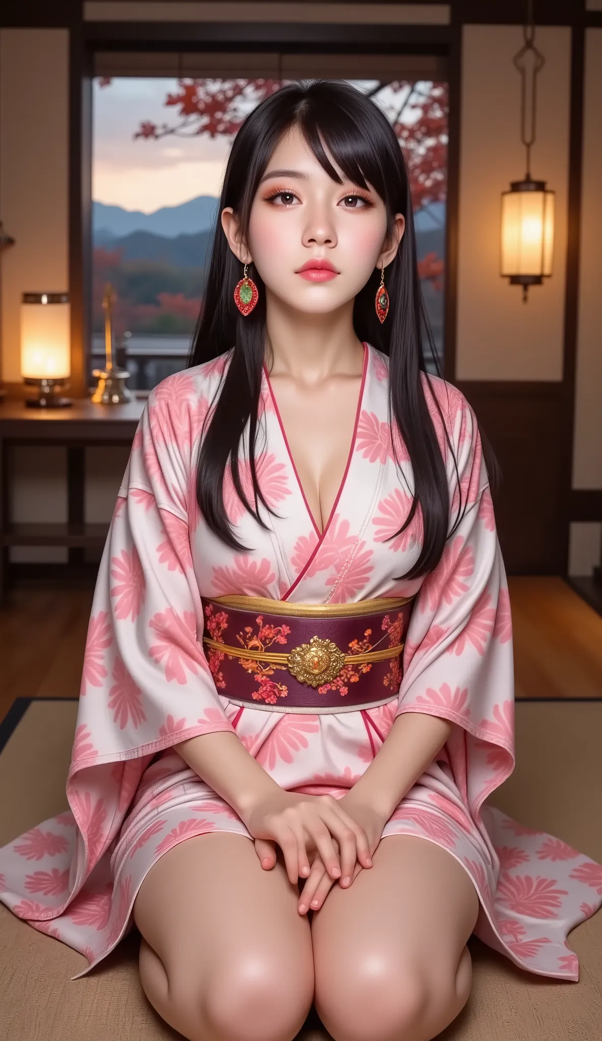 Kamado Nezuko,raditional Japanese room, evening setting, soft ambient lighting, mountains in background, lanterns glowing, long black hair with red tips, pink eyes, red earrings, deep cleavage, pink and white patterned kimono, detailed obi belt with red an...