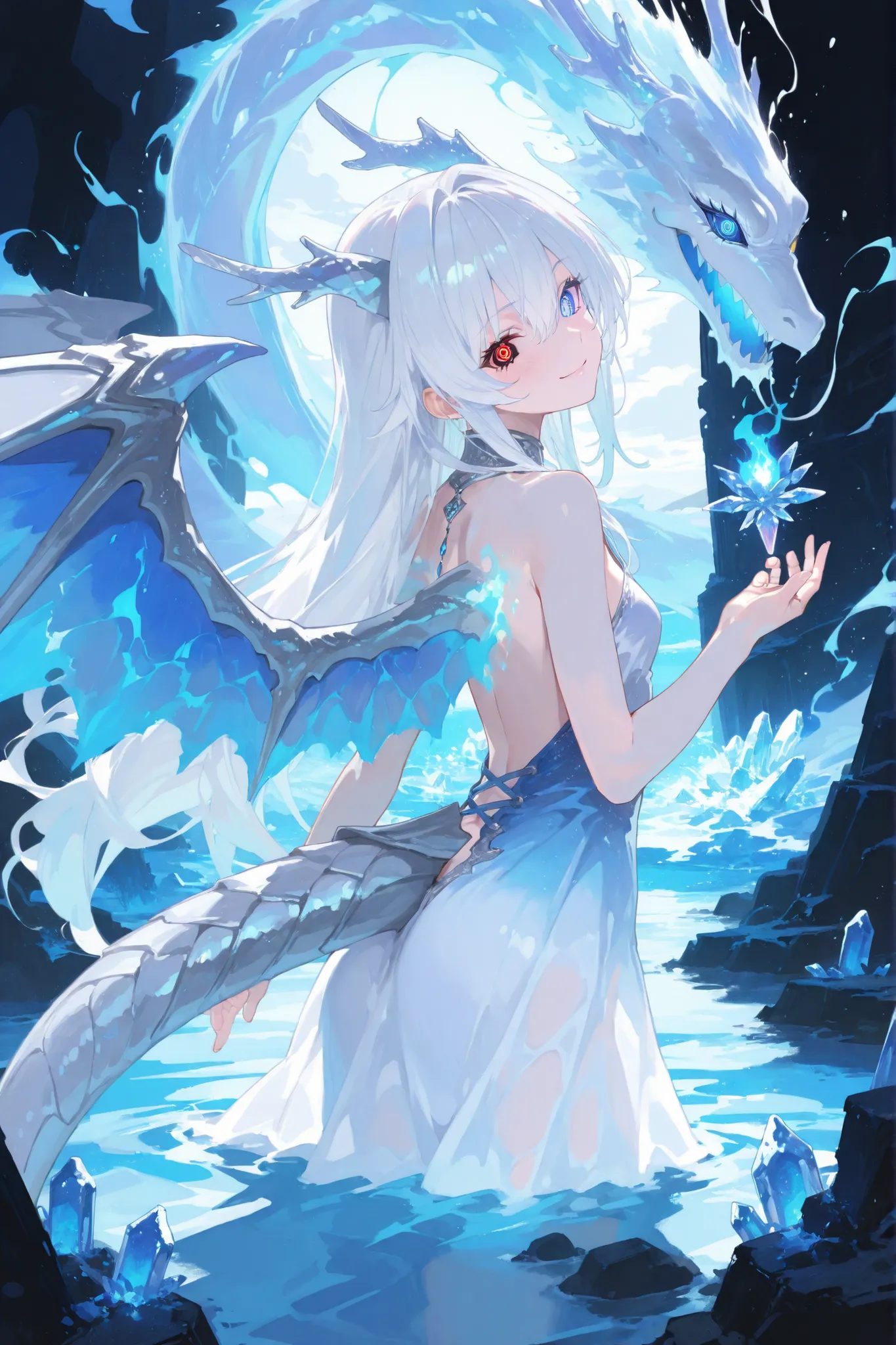 (Unbelievable high resolution , masterpiece , highest quality , ultra-detailed, , Clear image , 8K , CG , high quality anime picture , Photographic perspective ) , a confident anime girl, very young girl , height 143cm, long white hair, heterochromia, red ...