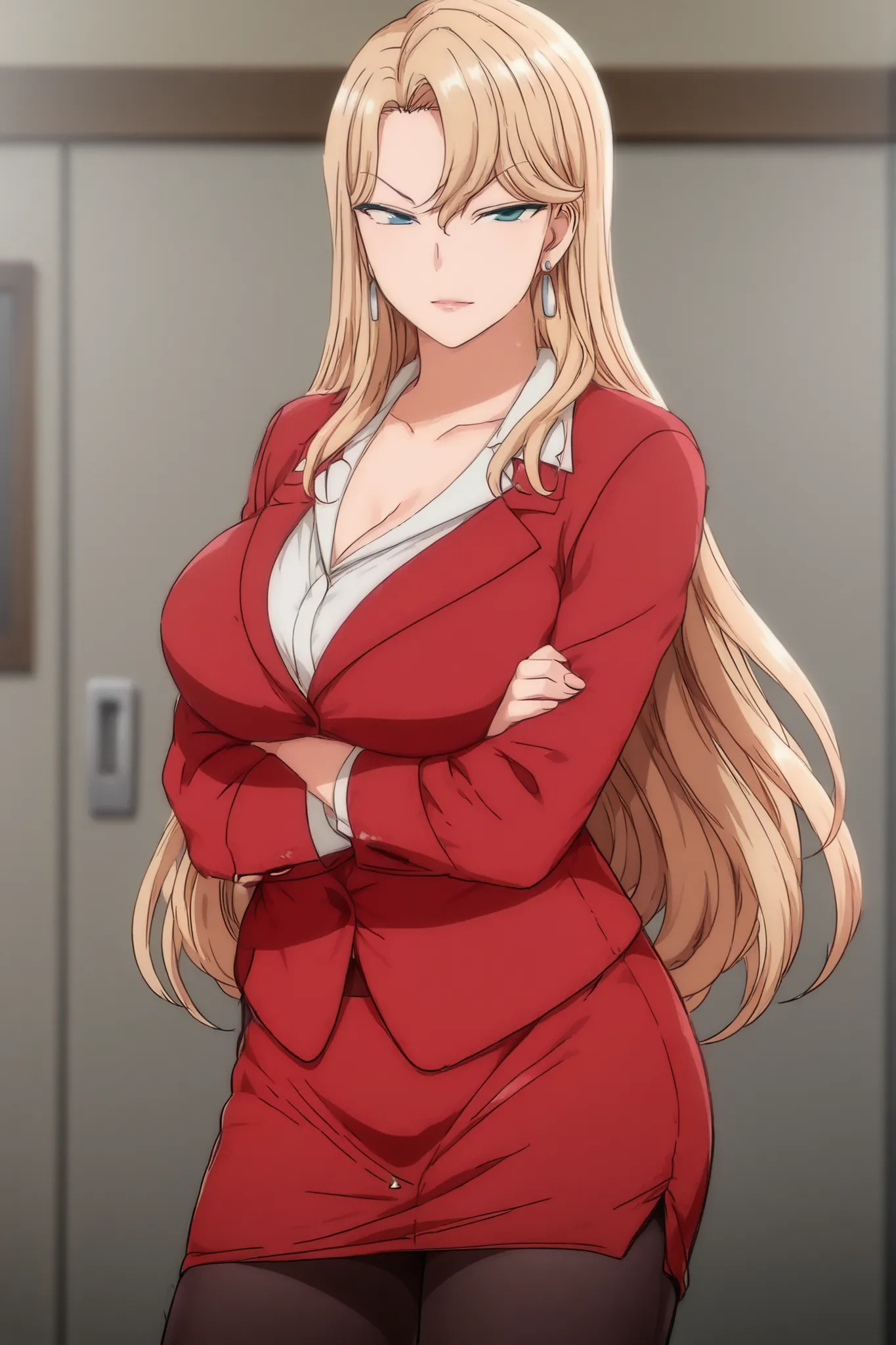 Reika,black pantyhose, breasts, earrings, jewelry, pantyhose, red skirt suit, red suit,