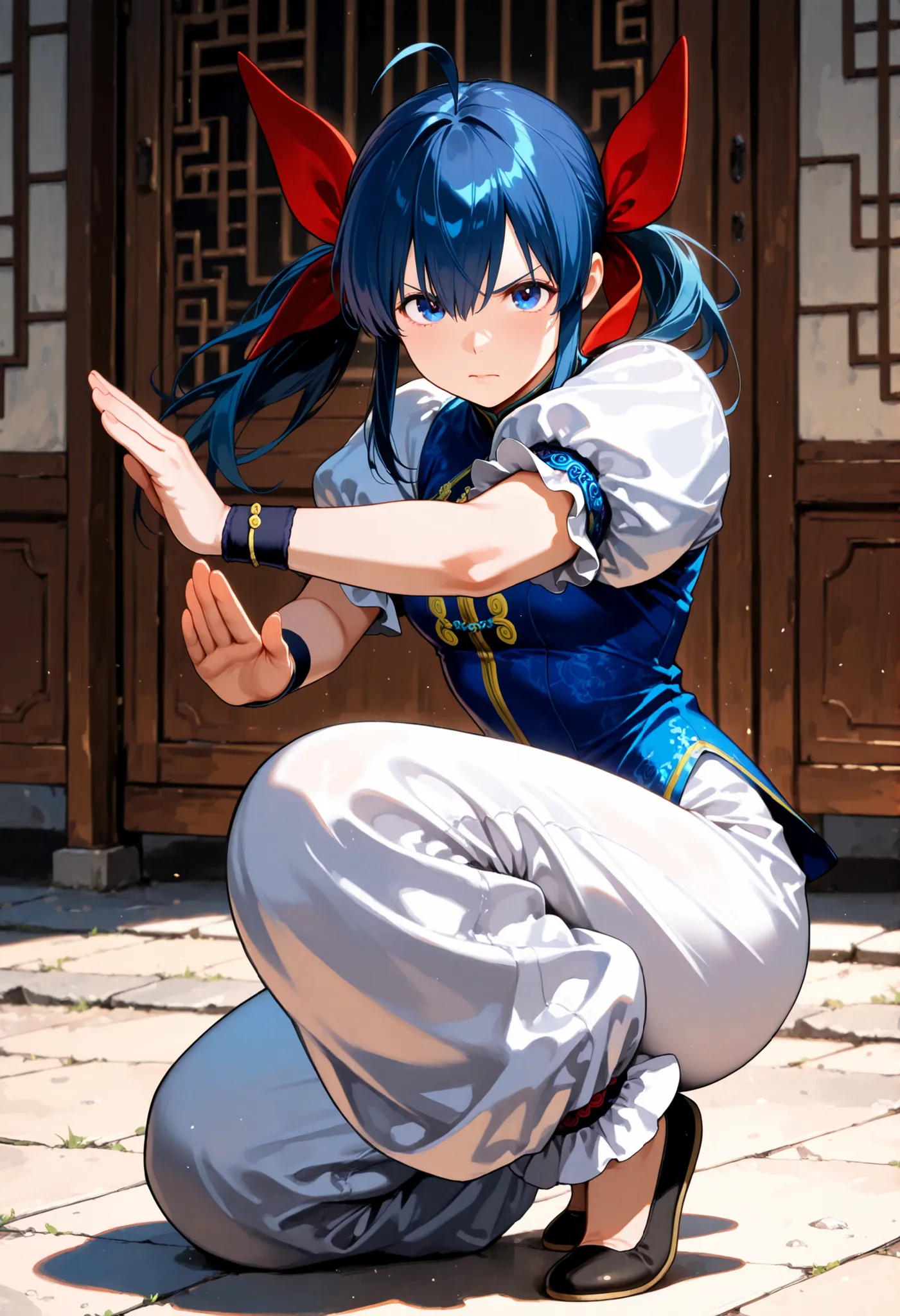 masterpiece, best quality, amazing quality, highres, absurdres,futaba hotaru, long hair, blue hair, twintails, hair bow, hair between eyes, sidelocks, ahoge, chinese clothes, puffy short sleeves, wristband, baggy pants, flats,squatting on one leg,fighting ...