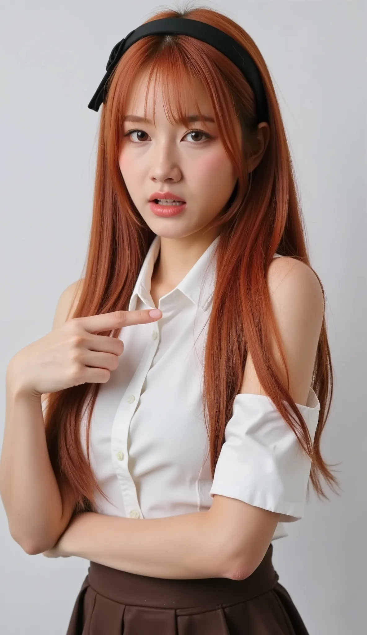 eris greyrat, 1girl, solo, long hair, ahoge, red eyes, red hair, bare shoulders,hairband, crossed arms,blush, skirt, black hairband, breasts, detached sleeves,bangs, hair between eyes, long sleeves, hair flaps, closed mouth, black skirt, brown skirt, shirt...