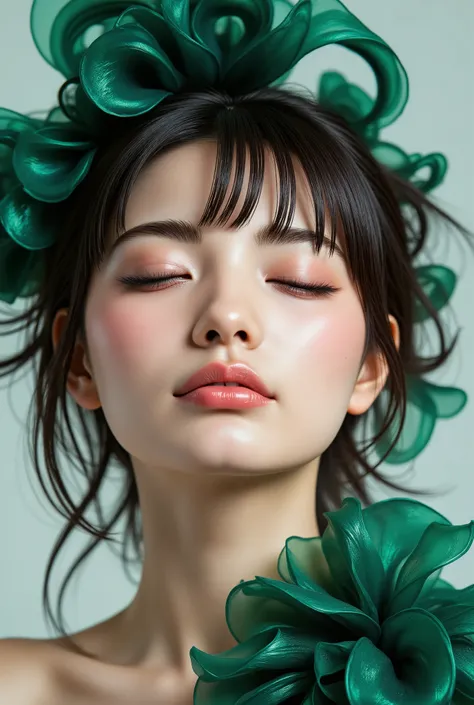 beautiful woman highlighting her lower lip, Closed Eyes, black and green ink flow by Jean Baptiste, 8k resolution, photorealistic masterpiece by Aaron Horkey and Jeremy Mann, fine detail in viewer fluid gouache painting by Jean Baptiste, Professional Photo...