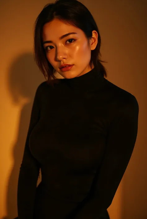 fashion editorial photography, front shot, upper body, professional female model, shot with hasselblad x2d 100c, xcd 90mm f/2.5 lens, cinematic sepia color grading with golden hour warmth, dramatic black silhouette against burnt umber to honey amber gradie...