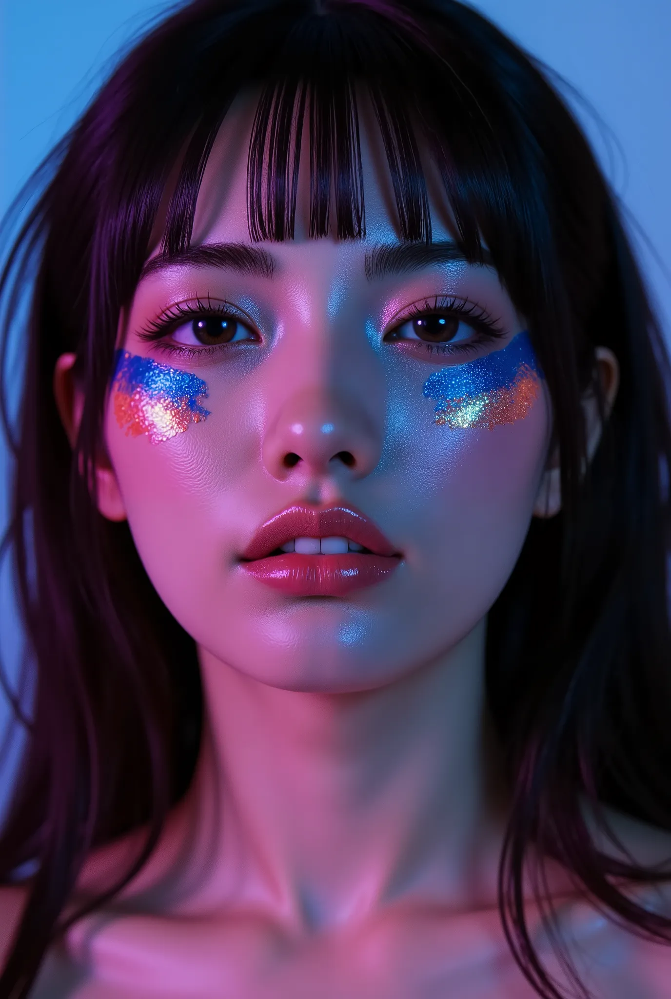 fashion editorial, a close up portrait of a dark shorthaired beautiful naked woman with closed eyes in studio with painted neon shiny colors face, highres, realistic photo, professional photography, cinematic angle, dynamic light back shining,