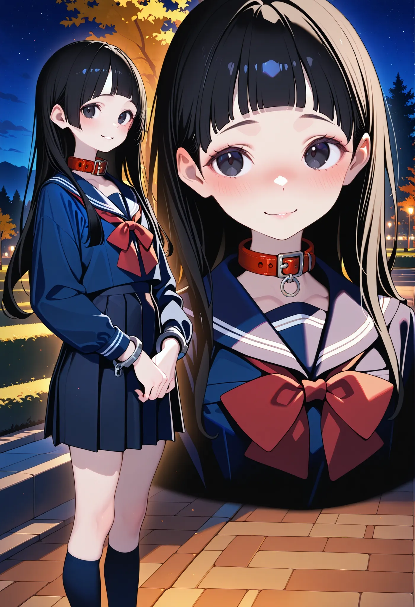masterpiece,best quality,offical art,very aesthetics of fine arts,1girl,solo,long hair,black hair,black eyes,flat chest,blunt bangs,short bangs,slim,multiple views,standing view+long serafuku+pleated skirt+kneehighs+clothed,(pale skin:0.8),(shinny skin:0.8...