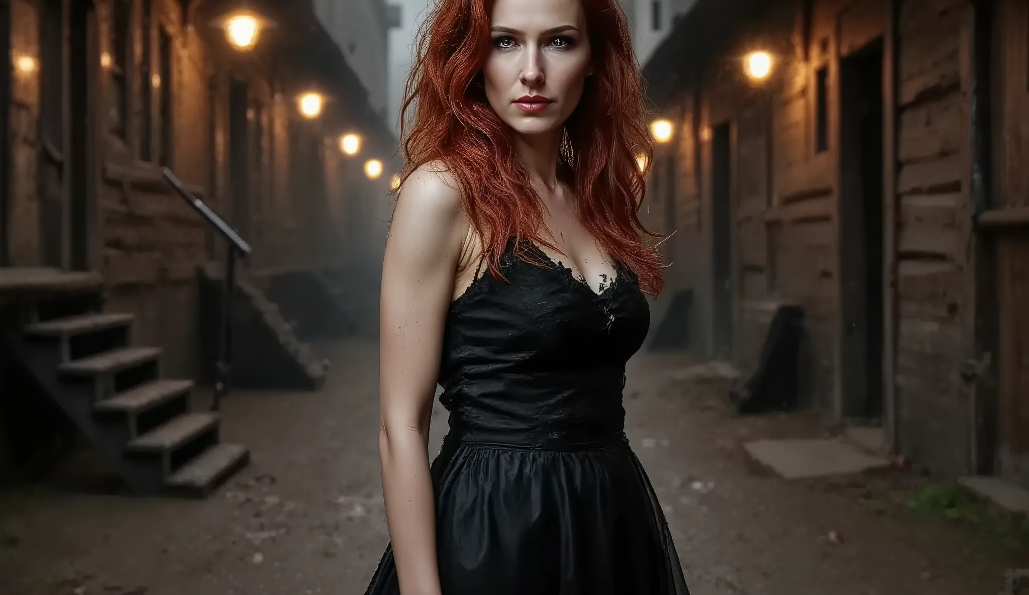 "Ground-level hyperrealistic cinematic scene in a dark, rain-soaked alley deep inside the City of the Dead — a crumbling, lawless western town. The alley is lined with cracked wooden walls and old red lanterns glowing faintly through the mist. Rain drips f...