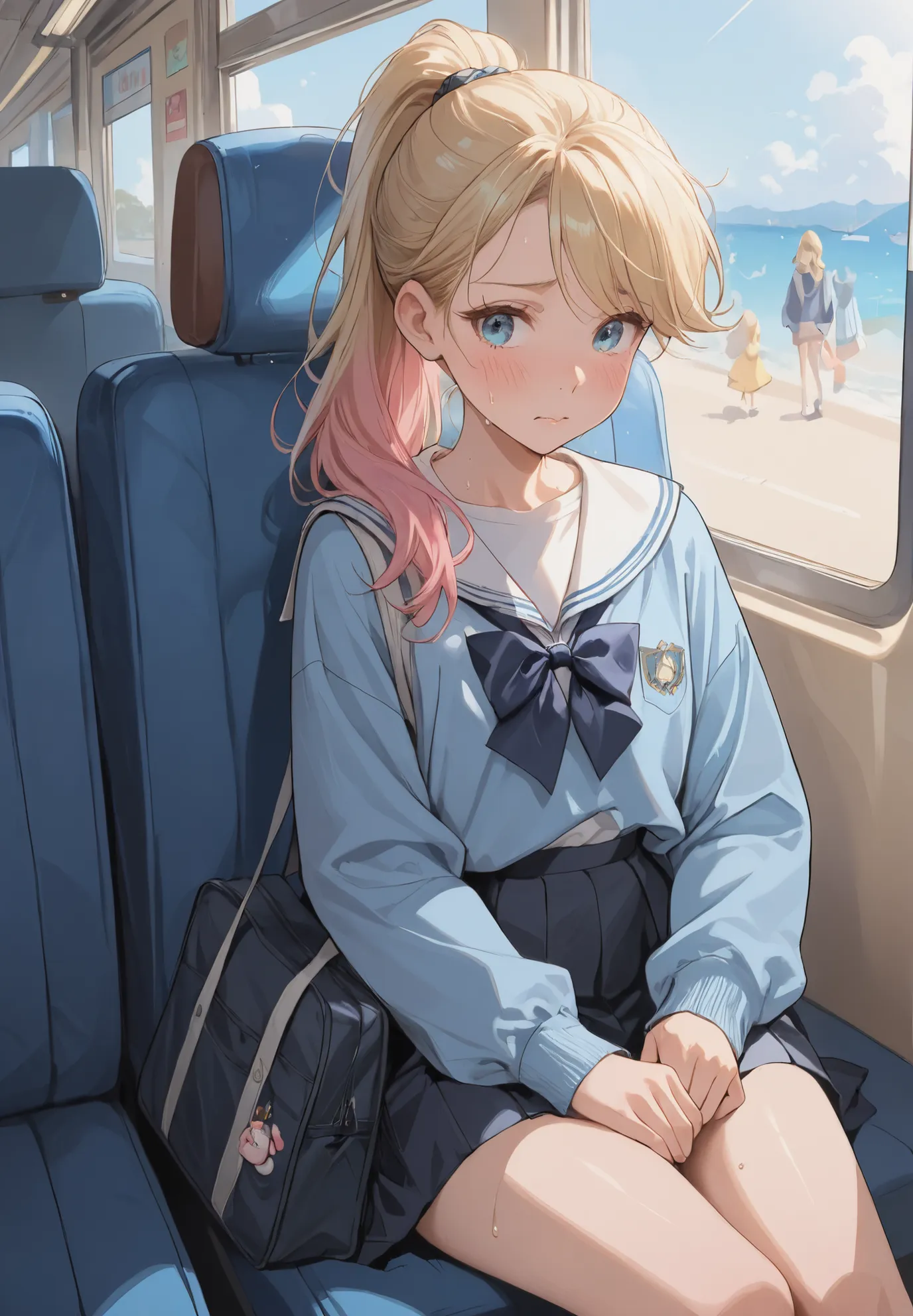 1girl, solo, Riley Andersen, Inside Out, shy, blush, sweaty, blonde ponytail hair with pink highlights, schoolgirl outfit, sitting in a bus, sunny day, seaside town, beautiful lighting and shadows,masterpiece,top quality,warm color,high resolution,high fas...