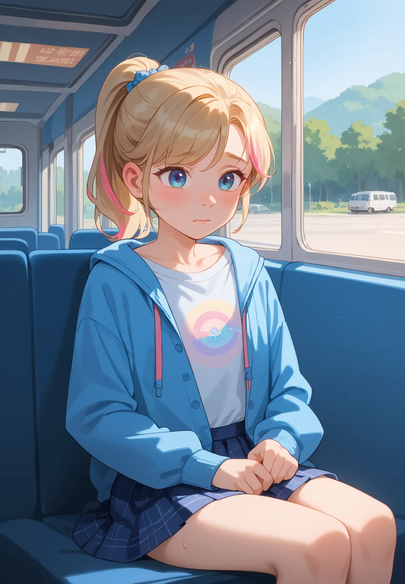 1girl, solo, Riley Andersen, Inside Out, shy, blush, sweaty, blonde ponytail hair with pink highlights, schoolgirl outfit, sitting in a bus, sunny day, seaside town, beautiful lighting and shadows,masterpiece,top quality,warm color,high resolution,high fas...