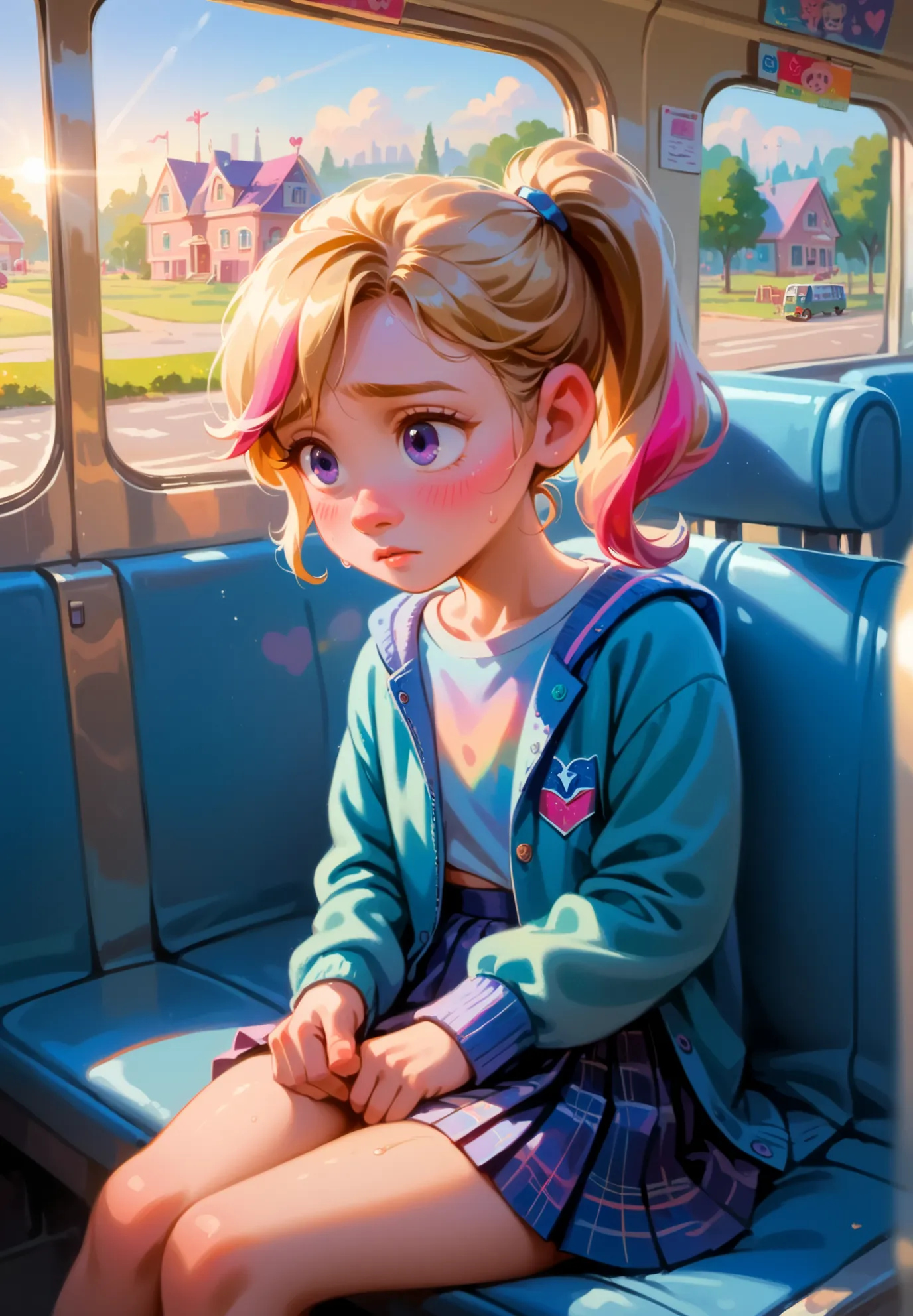 1girl, solo, Riley Andersen, Inside Out, shy, blush, sweaty, blonde ponytail hair with pink highlights, schoolgirl outfit, sitting in a bus, sunny day, seaside town, beautiful lighting and shadows,masterpiece,top quality,warm color,high resolution,high fas...