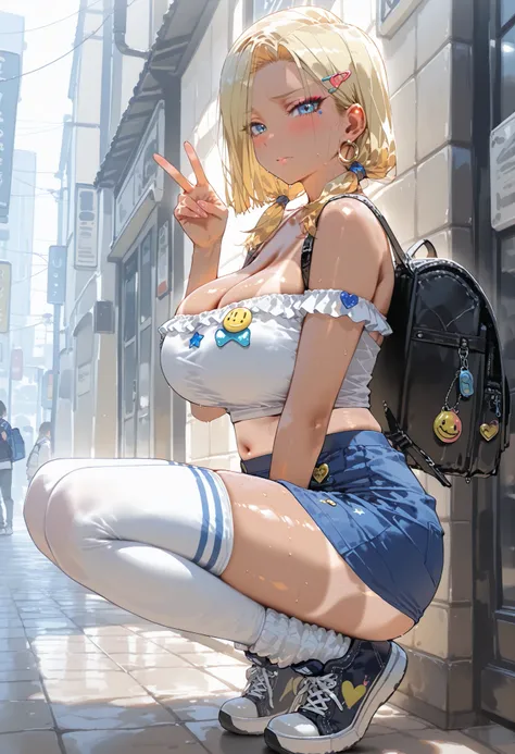 android 18, 39 years old, blonde  hair,  High twin tails, looking at viewer, solo, hot sexy woman with huge  and thighs , Fat body, Embarrassed, Star shaped hair clip, Heart shaped hair clip ,thighhighs, full body , from side , extreme low angle, Squatting...