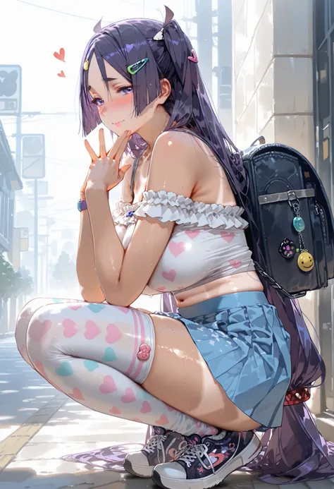 minamoto no raikou (fate), 39 years old, very long hair, two side up, looking at viewer, solo, hot sexy woman with huge  and thighs , Fat body, Embarrassed, Star shaped hair clip, Heart shaped hair clip ,thighhighs, full body , from side , extreme low angl...