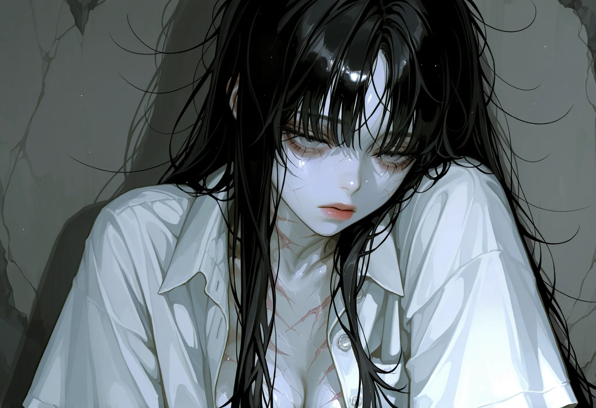 1girl, straight hair, long hair, black hair, messy hair, Bangs, milky skin, half opened eyes, pale gray eyes, beautiful lips, feeble, white overfit formal shirts, opened shirts, numerous scars on body, detailed face, 8K, high quality, upper body,crouch dow...