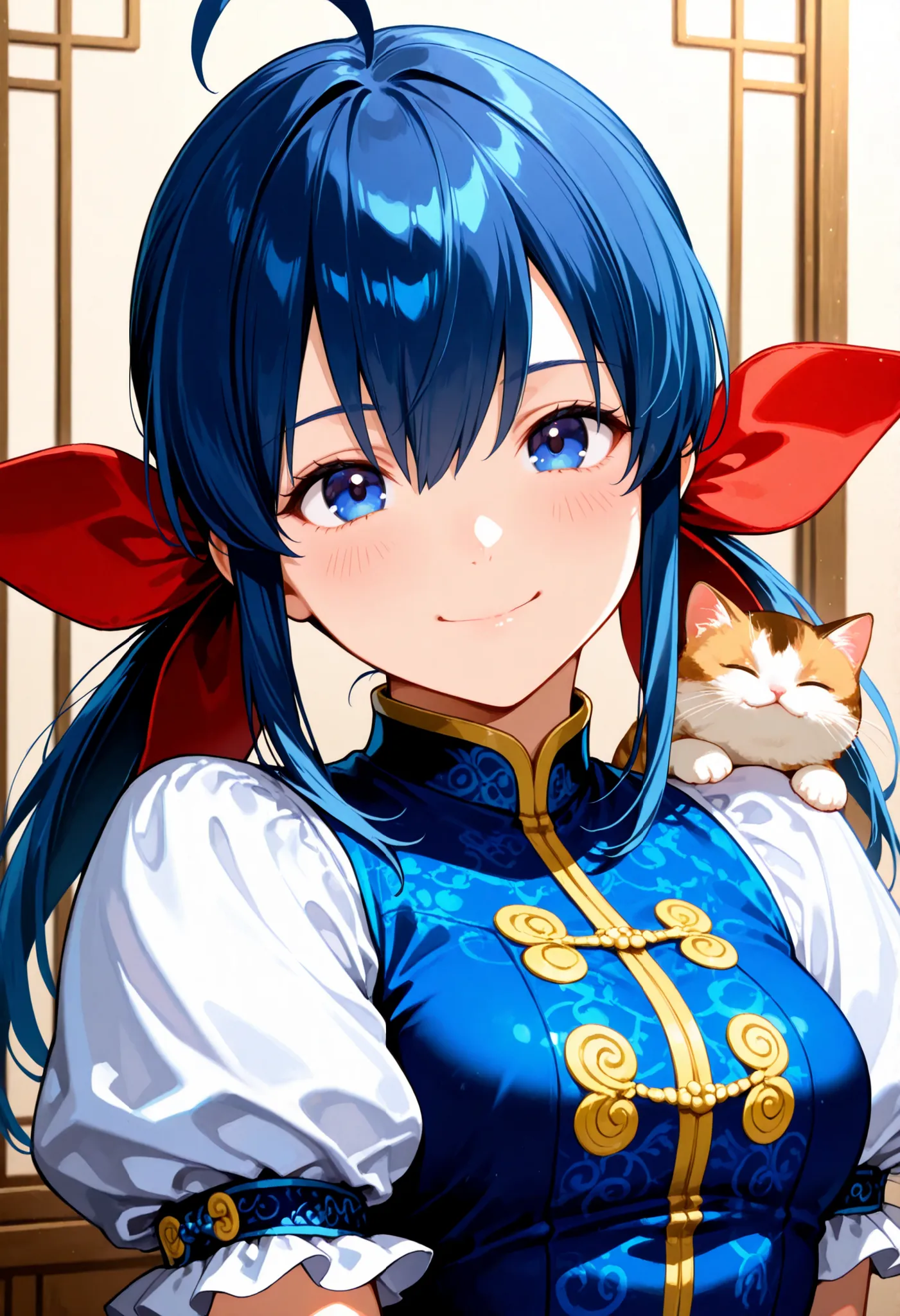 masterpiece, best quality, amazing quality, highres, absurdres,futaba hotaru, long hair, blue hair, twintails, hair bow, hair between eyes, sidelocks, ahoge, chinese clothes,blue vest,white puffy short sleeves,smile,closed mouth,portrait,cat ride on should...