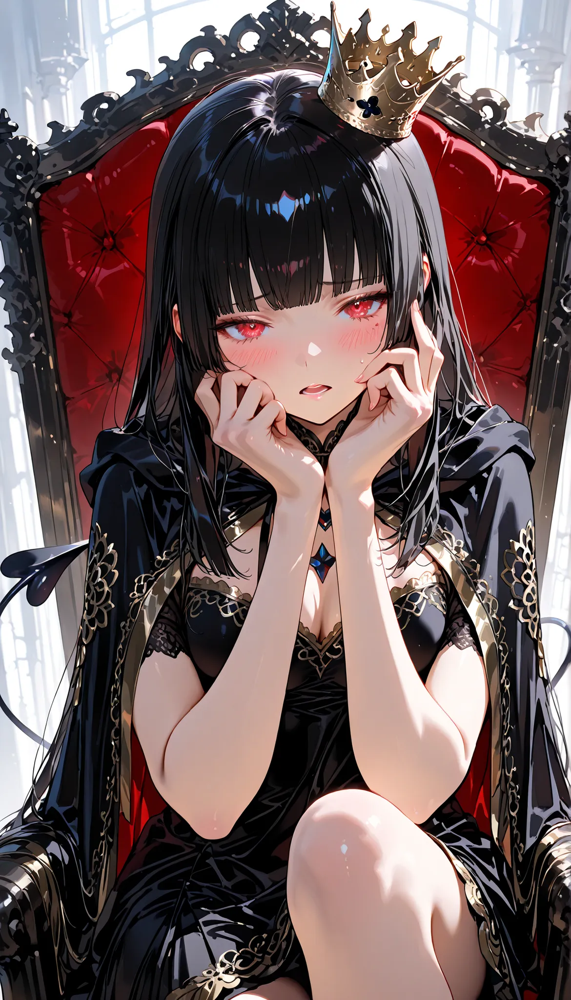 top quality, masterpiece, ultra-precise, ((top quality, masterpiece:1.3)), (sharp focus:1.2), (A beautiful, mature woman with a perfect body, seductive, 30-years), (red eyes), (선명한 눈매), (hime cut, long hair, black hair), (black heart shaped short tail), (b...