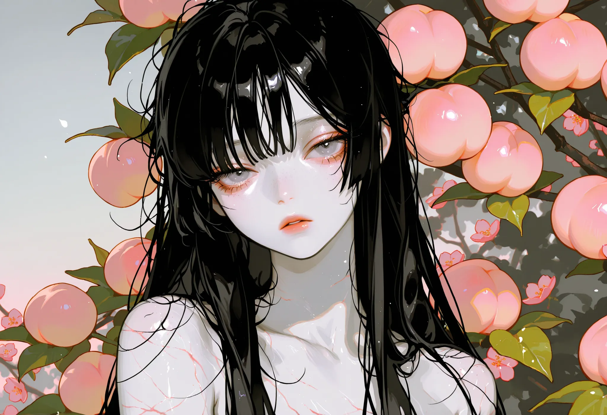 1girl, straight hair, long hair, black hair, messy hair, Bangs, milky skin, half opened eyes, pale gray eyes, beautiful lips, feeble, faint scars, few scars on body, detailed face, 8K, high quality, peach tree background, peach flower blossom, lovely, Suns...
