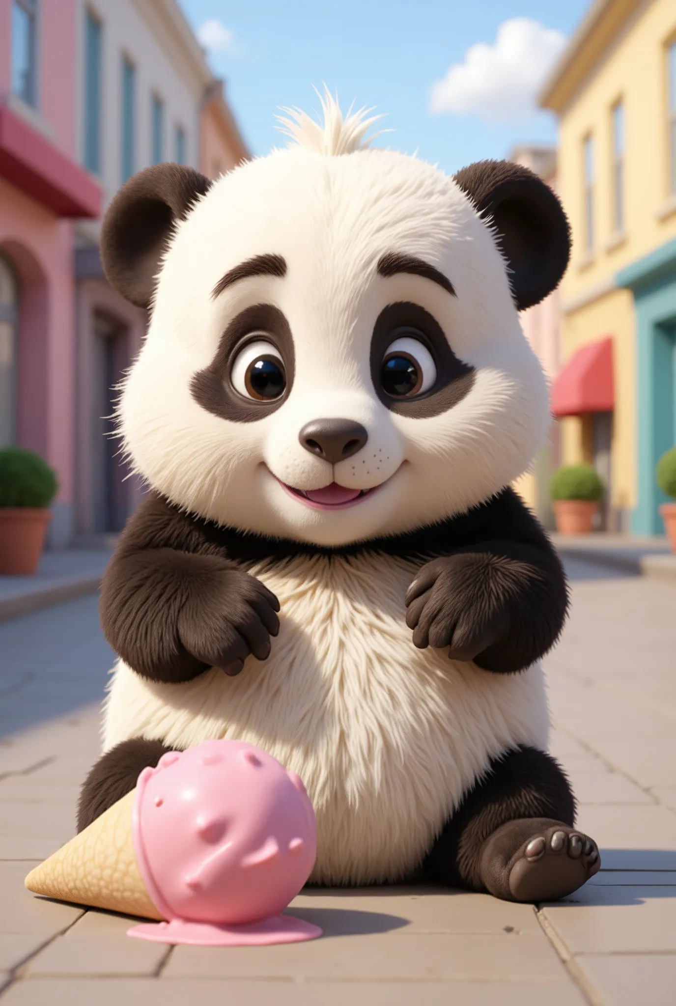 A chubby baby panda with soft white fur and black eye patches, standing surprised after accidentally dropping an pink ice cream cone on the ground. The panda looks sad, with big teary eyes, round ears, and small arms reaching down. The background is a city...