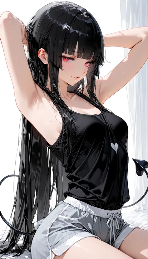 top quality, masterpiece, ultra-precise, ((top quality, masterpiece:1.3)), (sharp focus:1.2), (A beautiful, mature woman with a perfect body, seductive, 30-years), (red eyes), (선명한 눈매), (hime cut, long hair, black hair), (black heart shaped short tail), (...