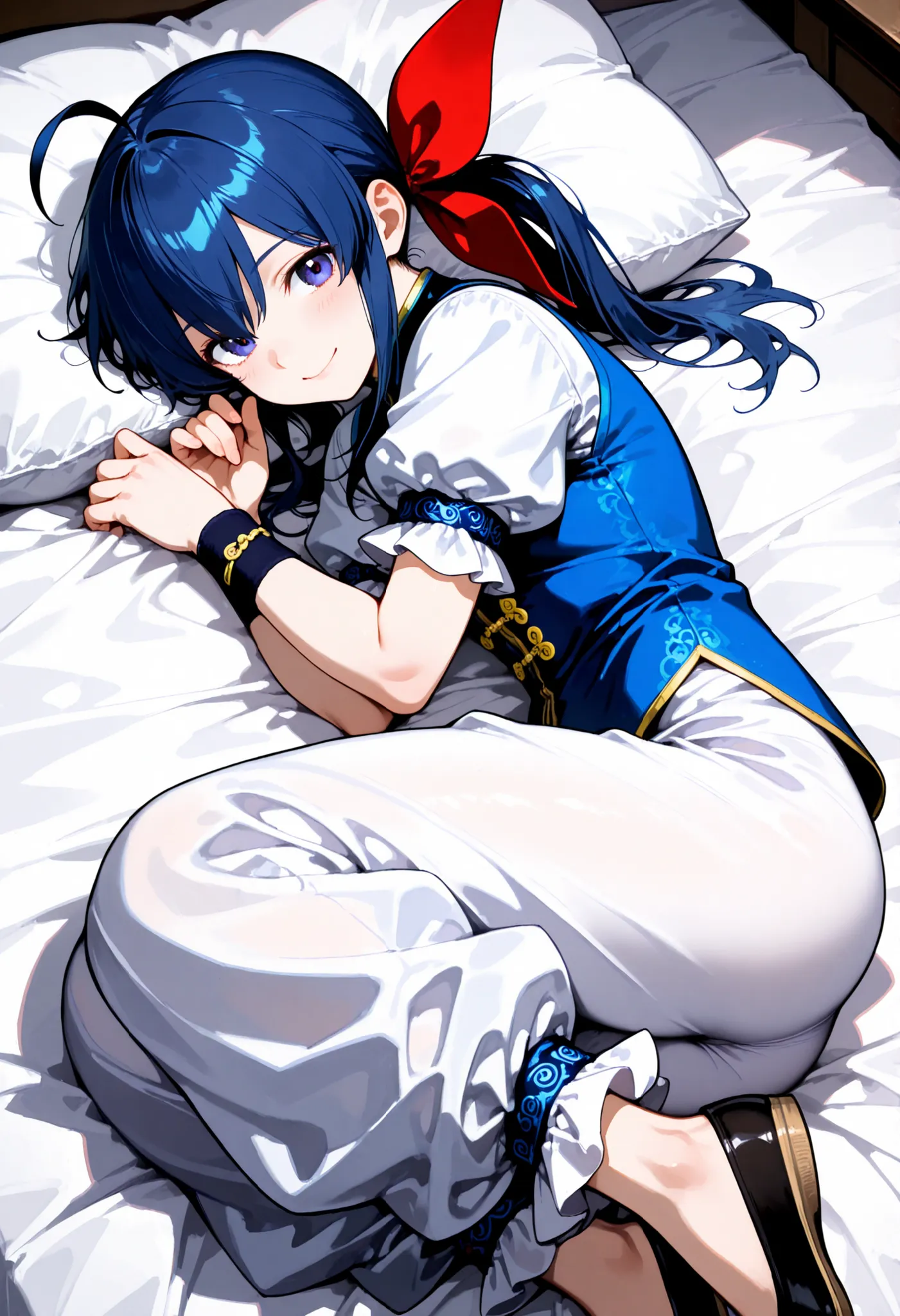masterpiece, best quality, amazing quality, highres, absurdres,futaba hotaru, long hair, blue hair, twintails, hair bow, hair between eyes, sidelocks, ahoge, chinese clothes,blue vest,white puffy short sleeves, wristband, baggy pants, flats,smile,upper bod...