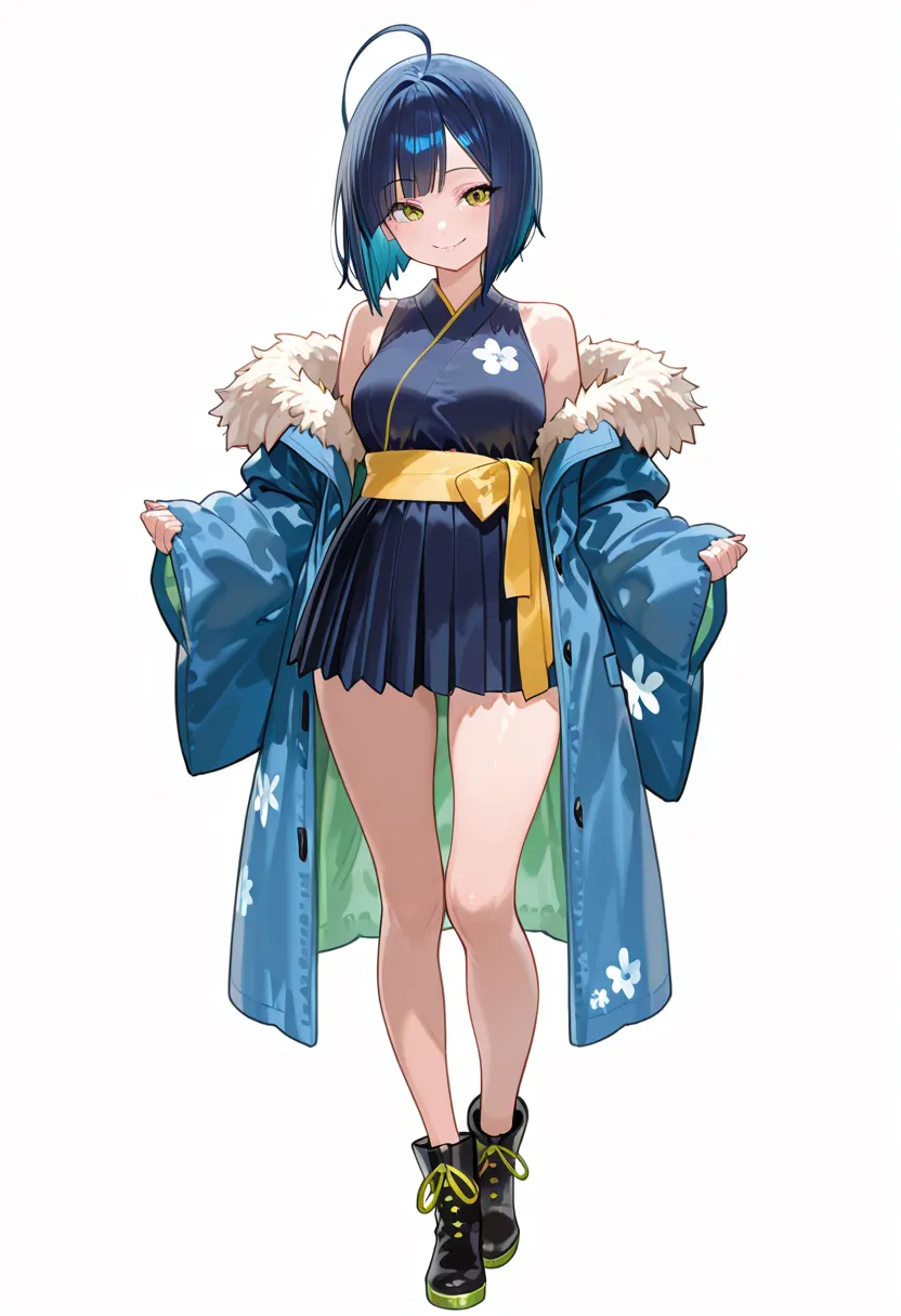 masterpiece,Highest Quality,Super Detail,blue bob hair.long horizontal hair、She has a little bit of quirky hair。 her right eye is pink,Her left eye is yellow-green.she's wearing a dark blue sleeveless dress like a kimono,she's wearing a blue miniskirt with...