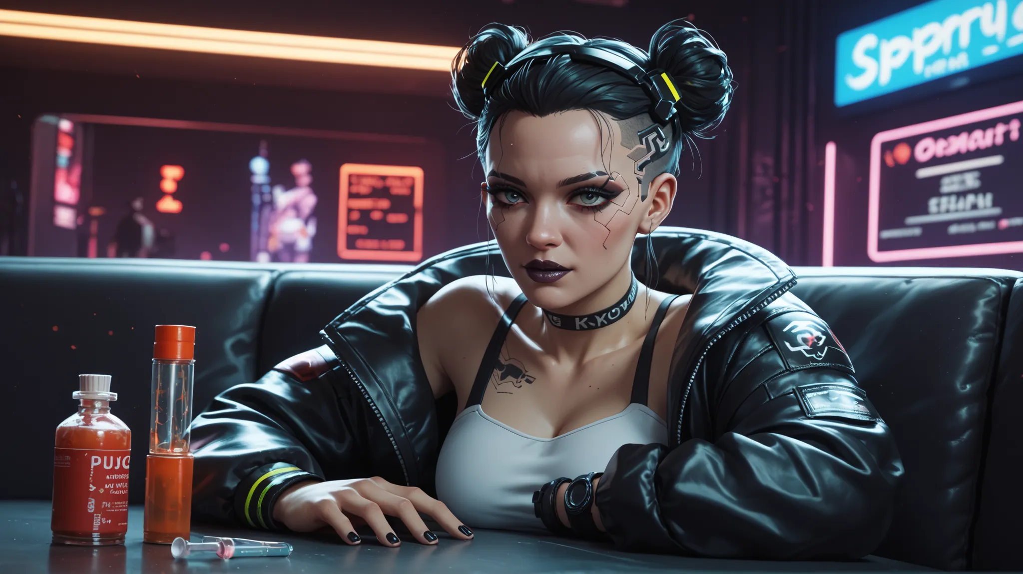 cyberpunk 2077 bio terrorist, dark puppetier, drug production underground facility, shadowy black, grey, noir