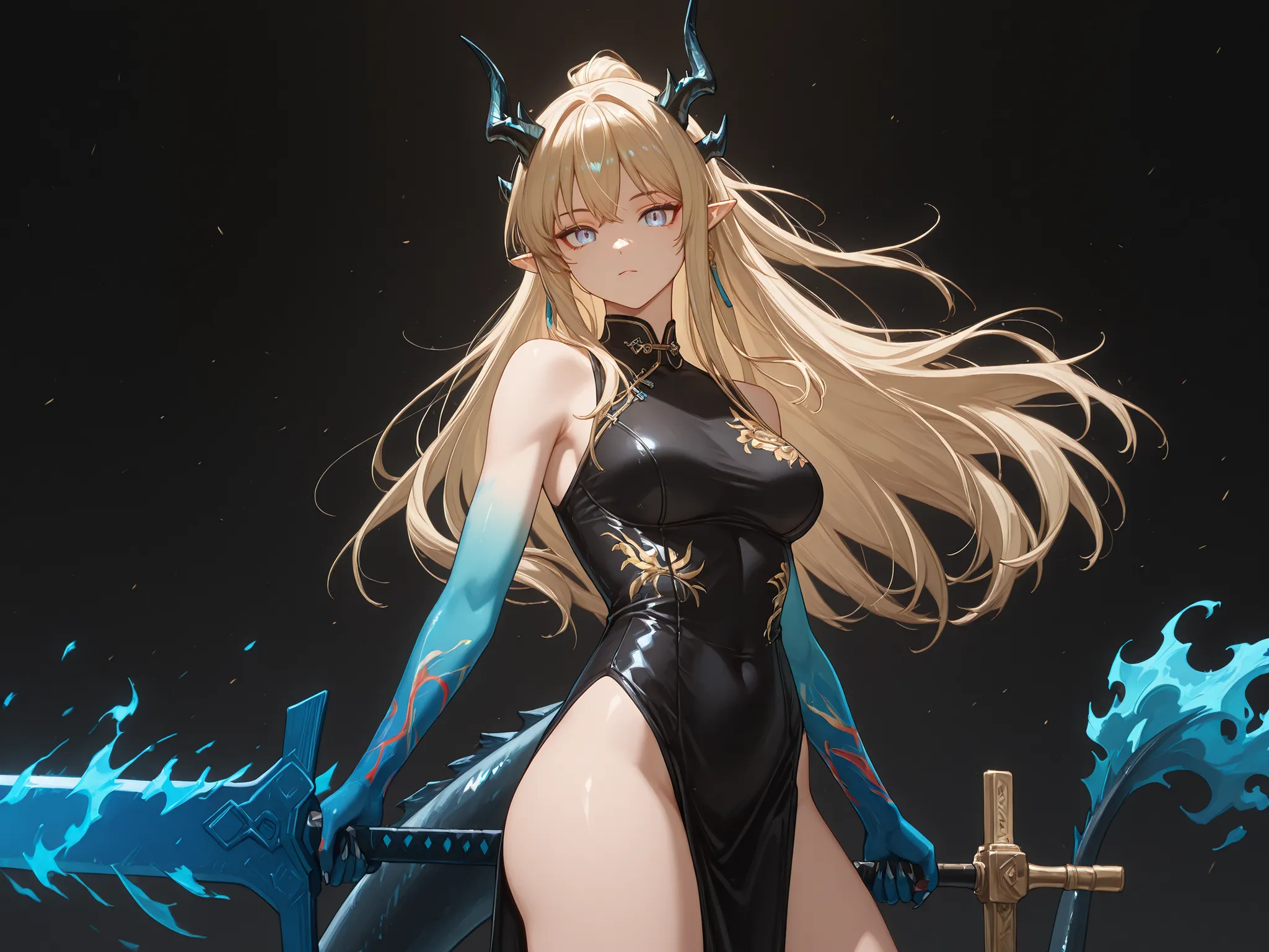 Solo, 1 girl, facing the viewer, blonde hair, hairstyle of Azuma Toki, face of Azuma Toki, blue eyes, long bangs, perfect anatomy, schoolgirl, black horns of Reed from "Arknights", long black horns, fierce face, blue dragon tail, blue flame on the tip of t...