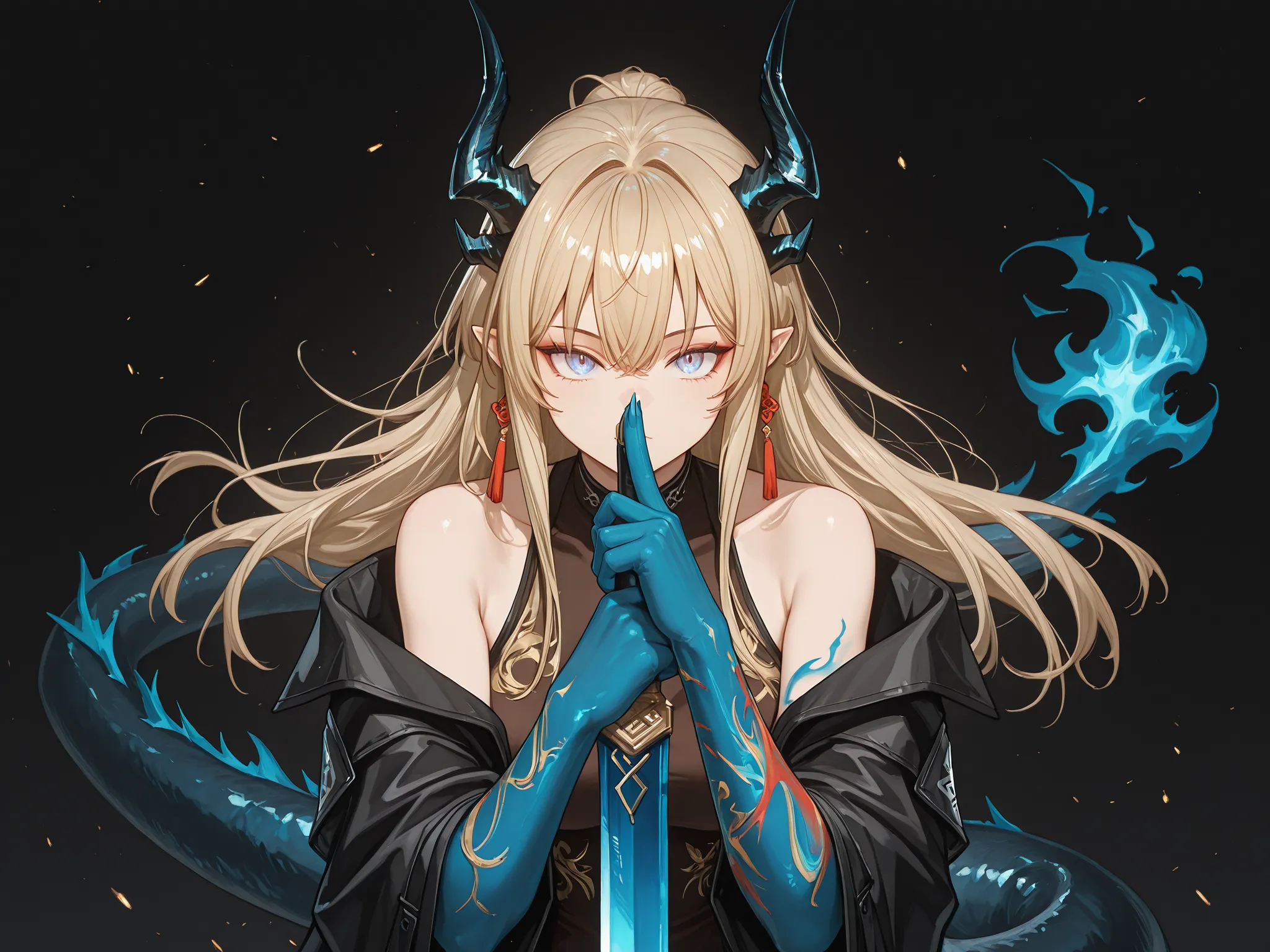 Solo, 1 girl, facing the viewer, blonde hair, hairstyle of Azuma Toki, face of Azuma Toki, blue eyes, long bangs, perfect anatomy, schoolgirl, black horns of Reed from "Arknights", long black horns, fierce face, blue dragon tail, blue flame on the tip of t...