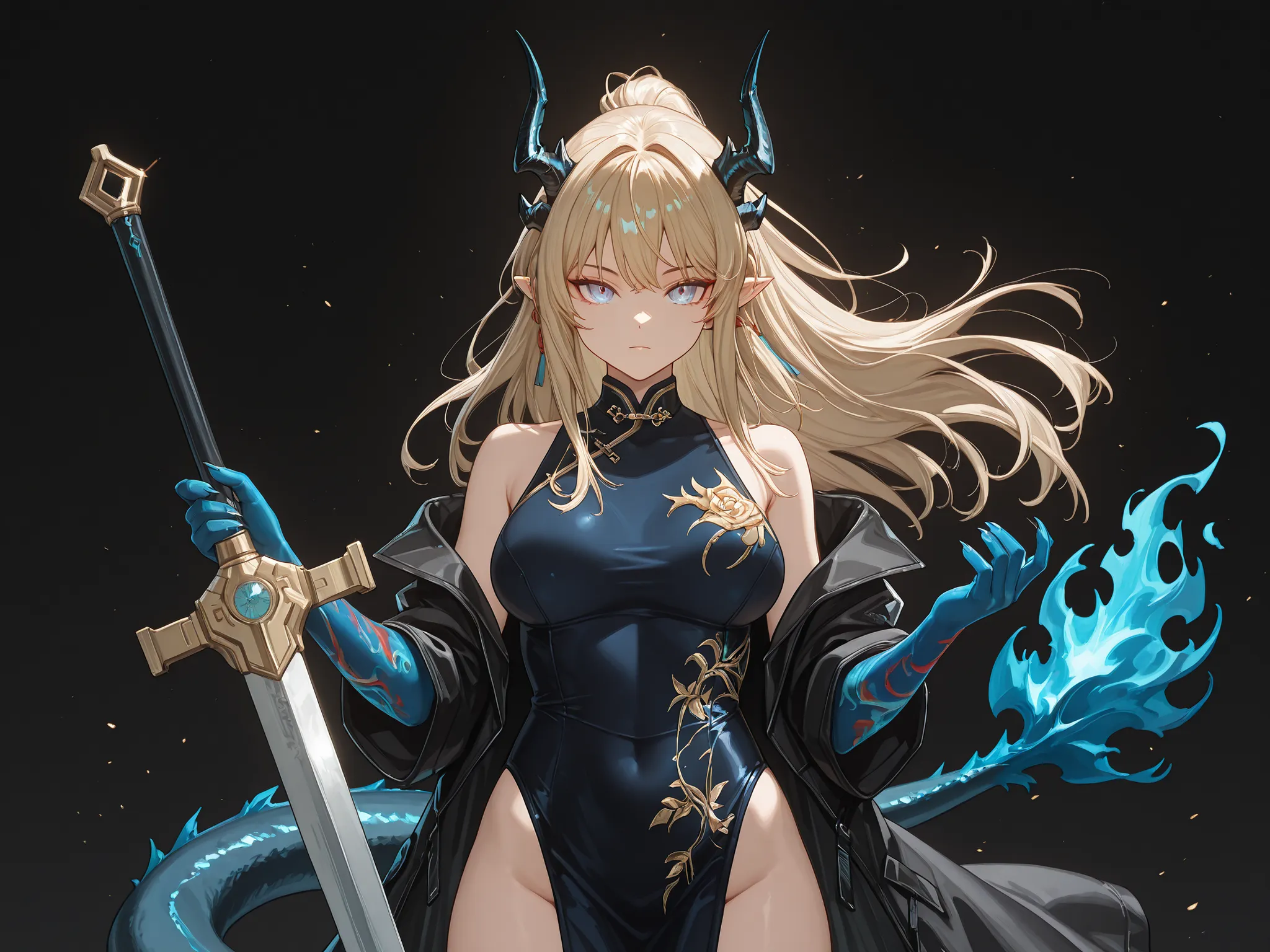 Solo, 1 girl, facing the viewer, blonde hair, hairstyle of Azuma Toki, face of Azuma Toki, blue eyes, long bangs, perfect anatomy, schoolgirl, black horns of Reed from "Arknights", long black horns, fierce face, blue dragon tail, blue flame on the tip of t...