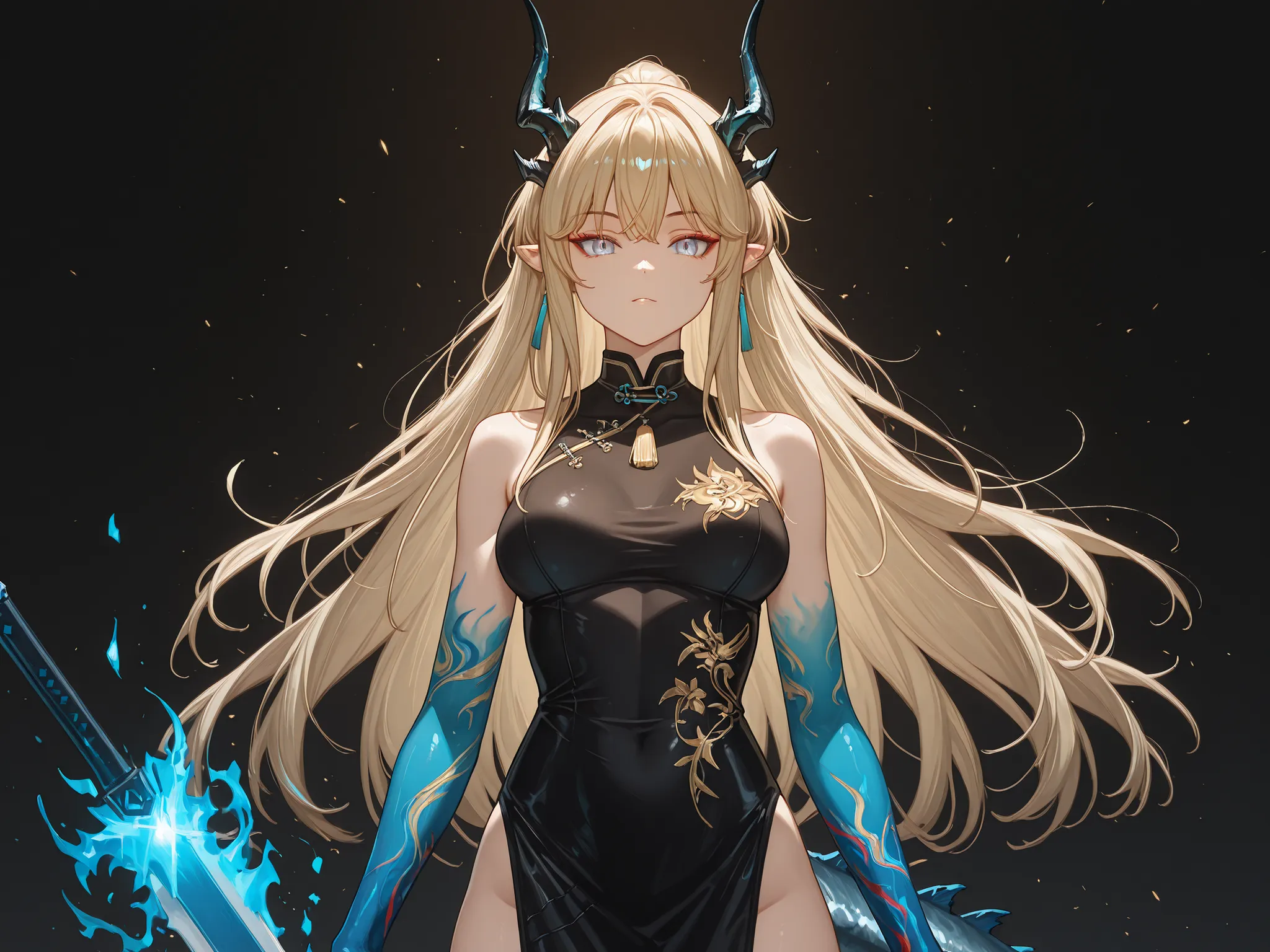 Solo, 1 girl, facing the viewer, blonde hair, hairstyle of Azuma Toki, face of Azuma Toki, blue eyes, long bangs, perfect anatomy, schoolgirl, black horns of Reed from "Arknights", long black horns, fierce face, blue dragon tail, blue flame on the tip of t...