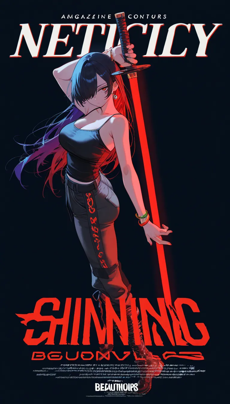 (beautiful girl : 1.3),1 girl,(camisole,bracelets,earrings,boots),long hair,Hair Over One Eye,no expression,limited palette, blue and black background ,colorful,lively,Shining Contours,neon,black light,Martial arts poses,holding a sword,active,dynamic angle,(movie poster,magazine cover,big title ,big logo ),masterpiece,Highest Quality,rich contrasts,high image quality,8k,high definition CG unit wallpaper,texture,unbelievably absurd, RAW photos ,deep border 1 .2,very detailed