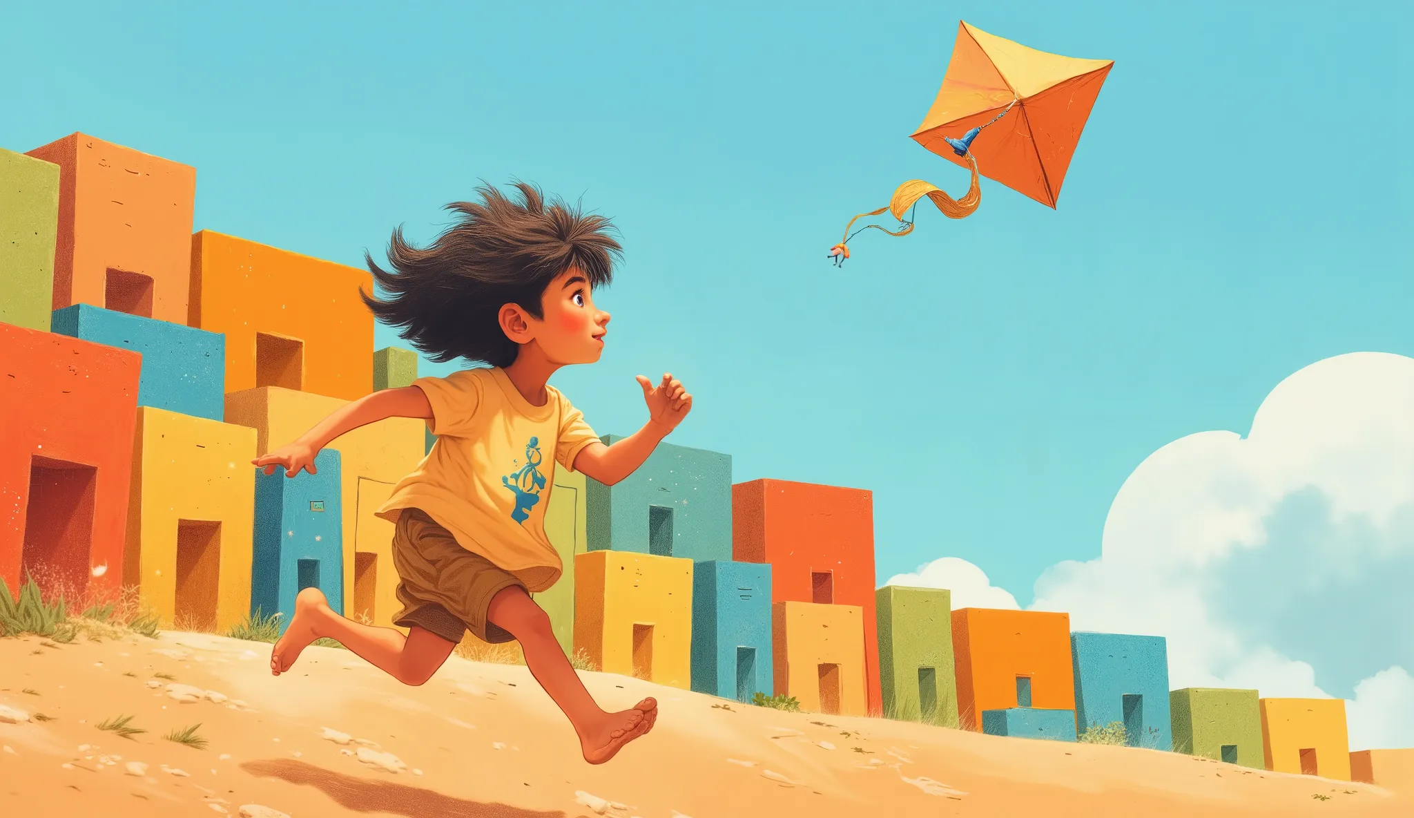 Barefoot Brazilian boy with tousled hair running on dirt ground, flying a vibrant kite, wearing simple shorts and t-shirt, rectangular colorful favela houses stacked on hillside in background, geometric simplified architecture, bright sunlight, clear blue ...